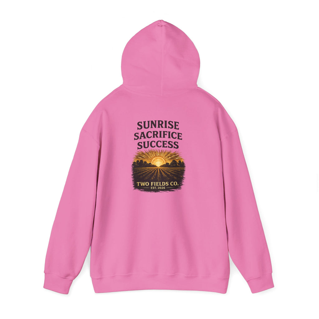Pink hooded sweatshirt, back 'Sunrise Sacrifice Success' text with sunrise graphic
