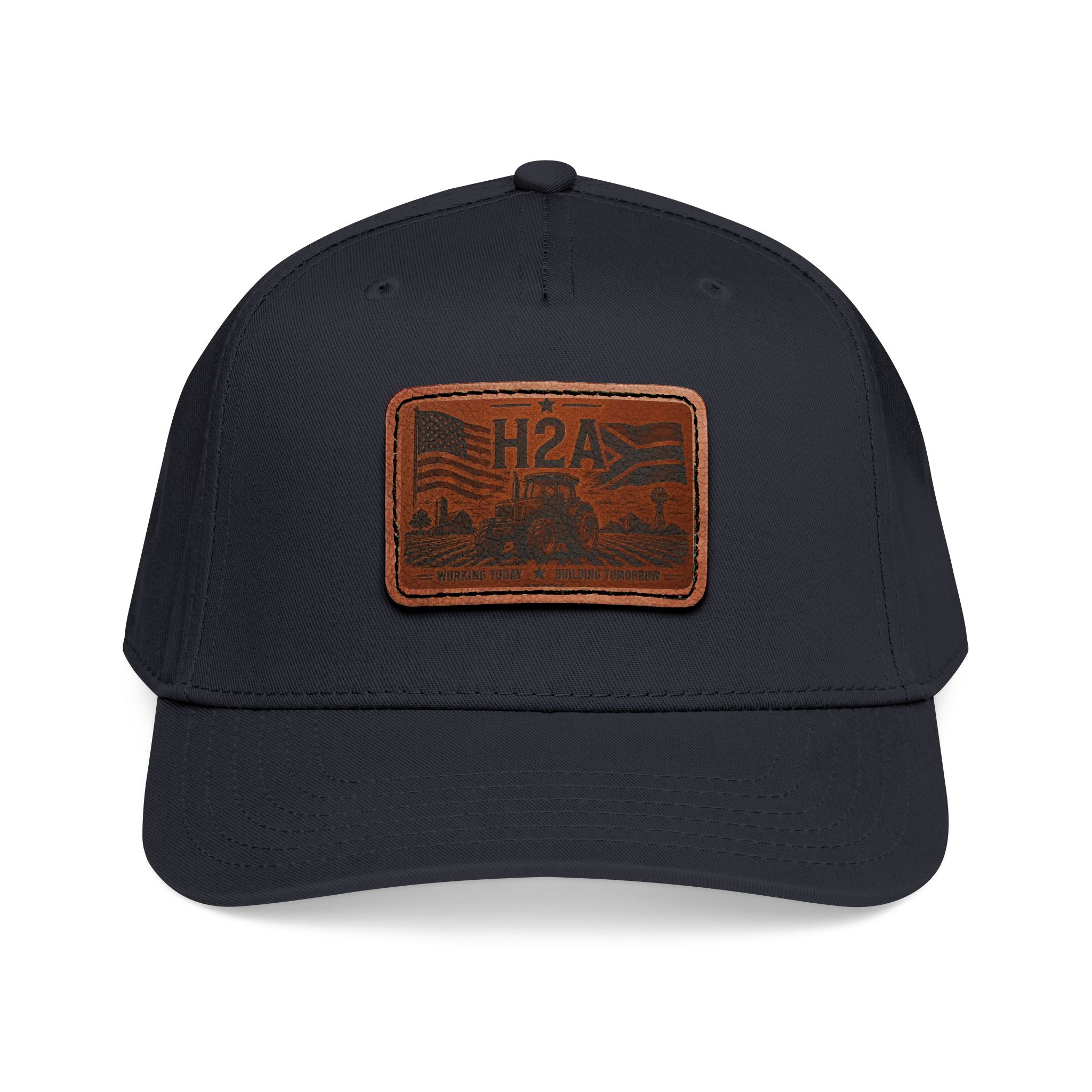 Dark navy/black trucker baseball cap with matching brim and brown leather-look H2A patch.