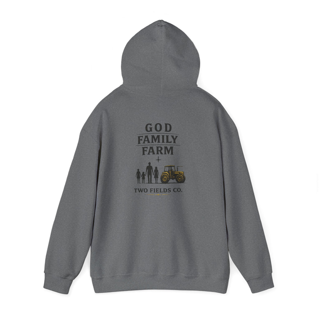 Medium gray hoodie with back graphic "GOD FAMILY FARM" and tractor scene