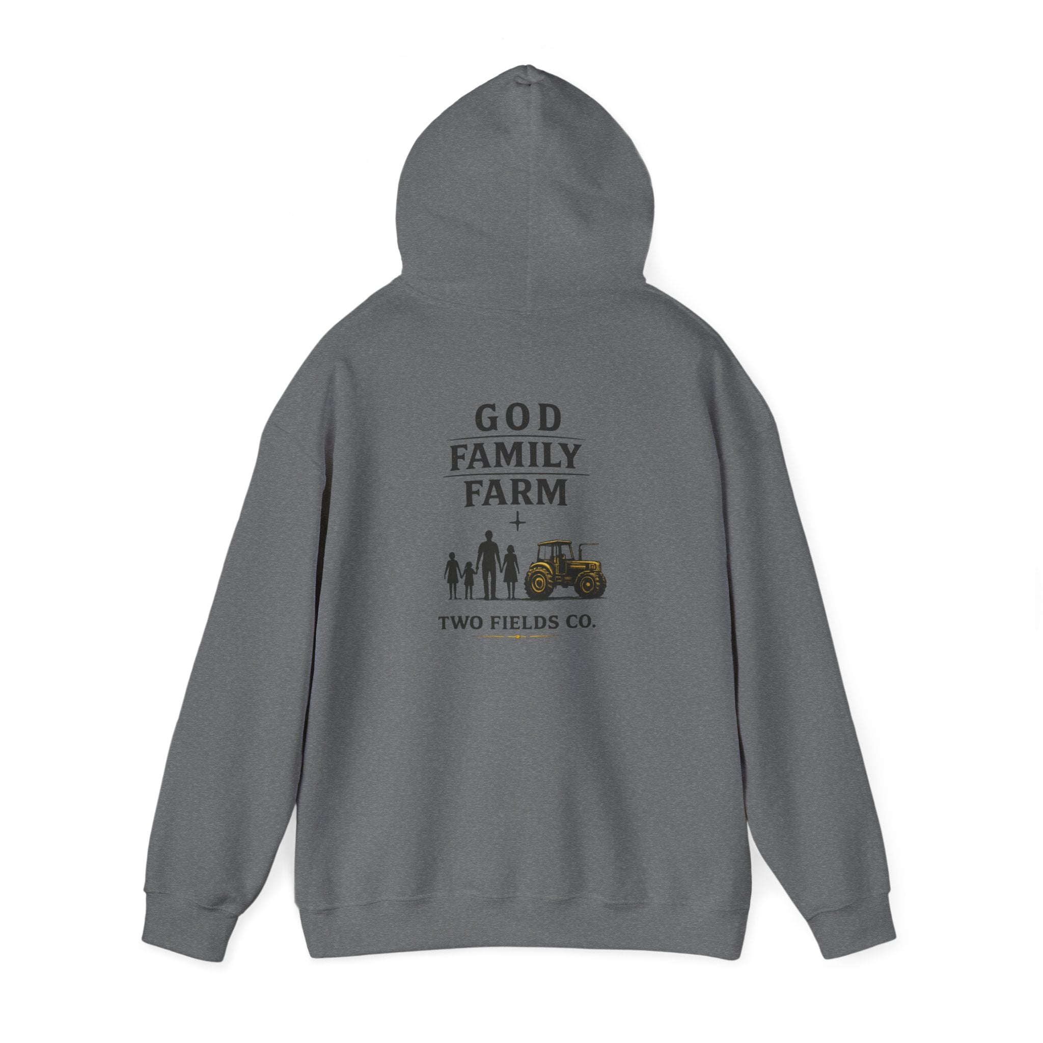 Medium gray hoodie with back graphic "GOD FAMILY FARM" and tractor scene