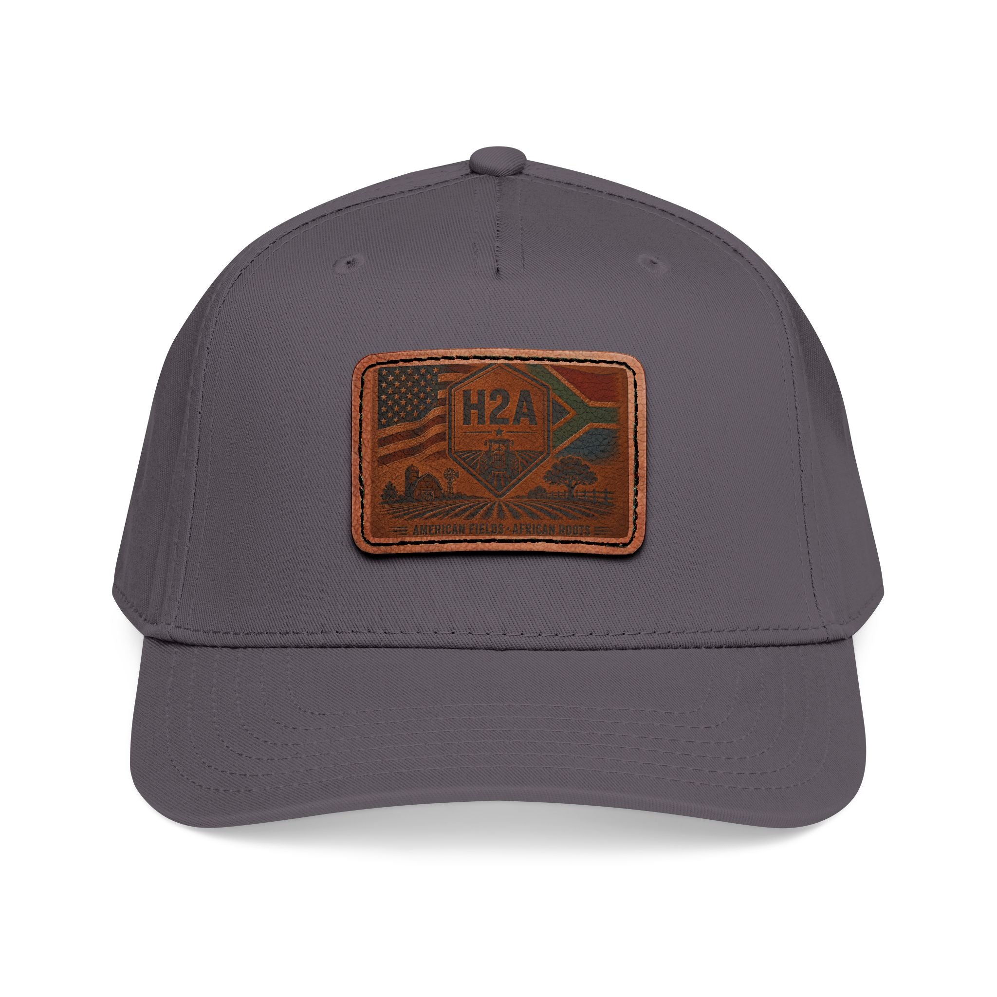 Charcoal gray baseball cap with rectangular H2A leather-look patch on front