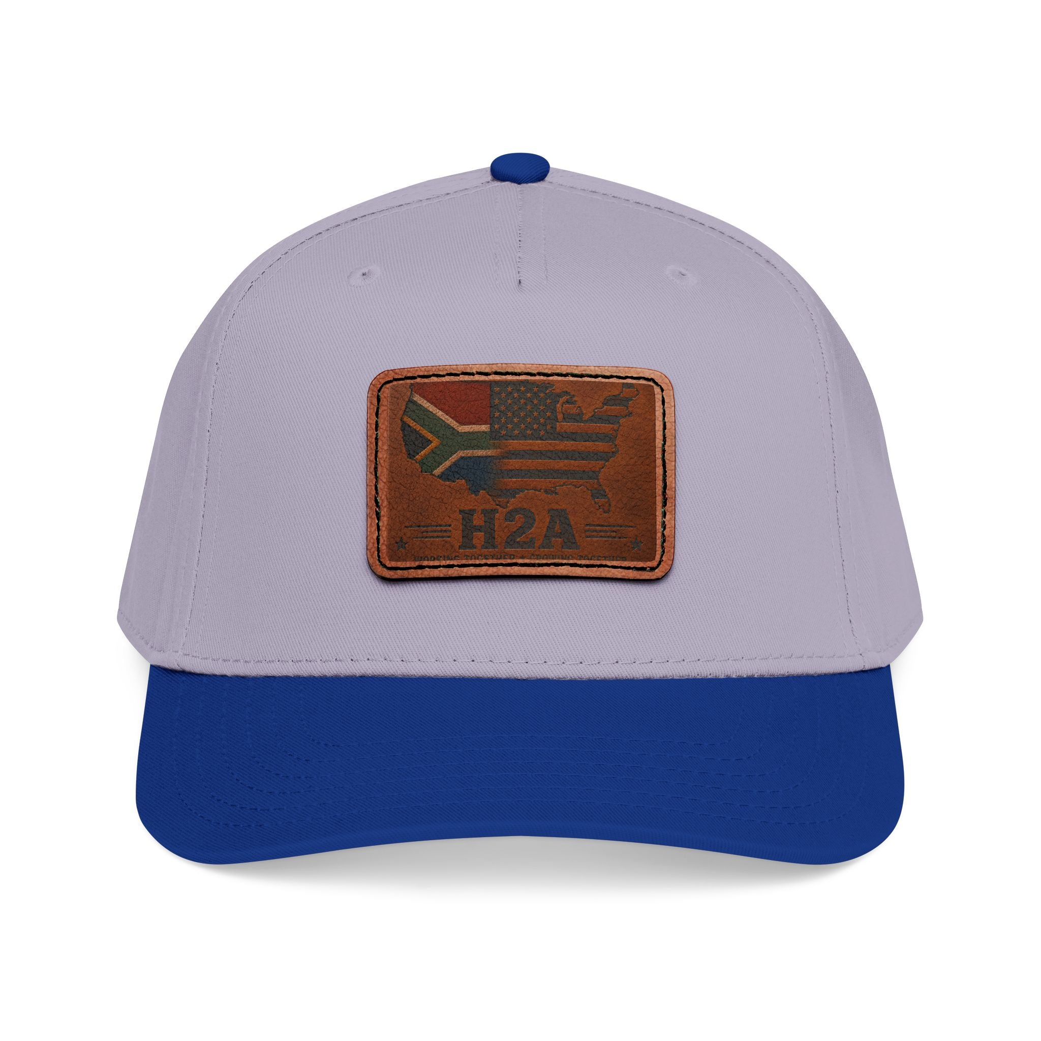Light gray baseball cap with blue brim and light brown rectangular H2A flag leather patch