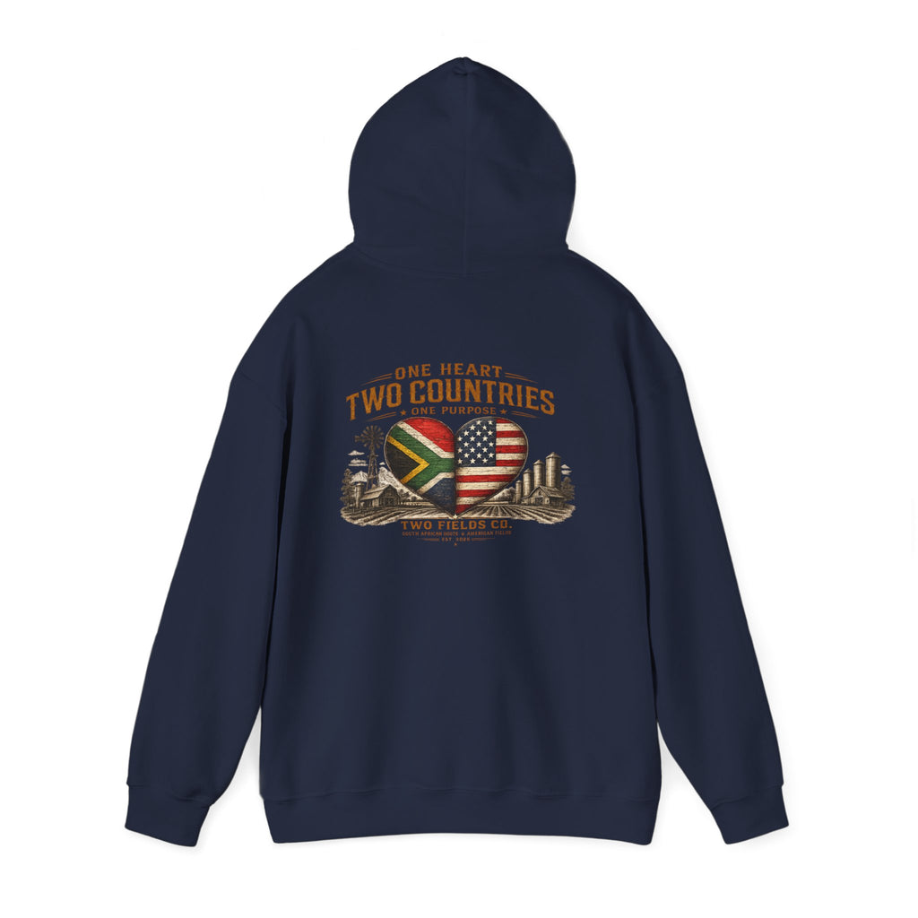 Navy blue pullover hoodie with hood and heart-and-flag graphic on back