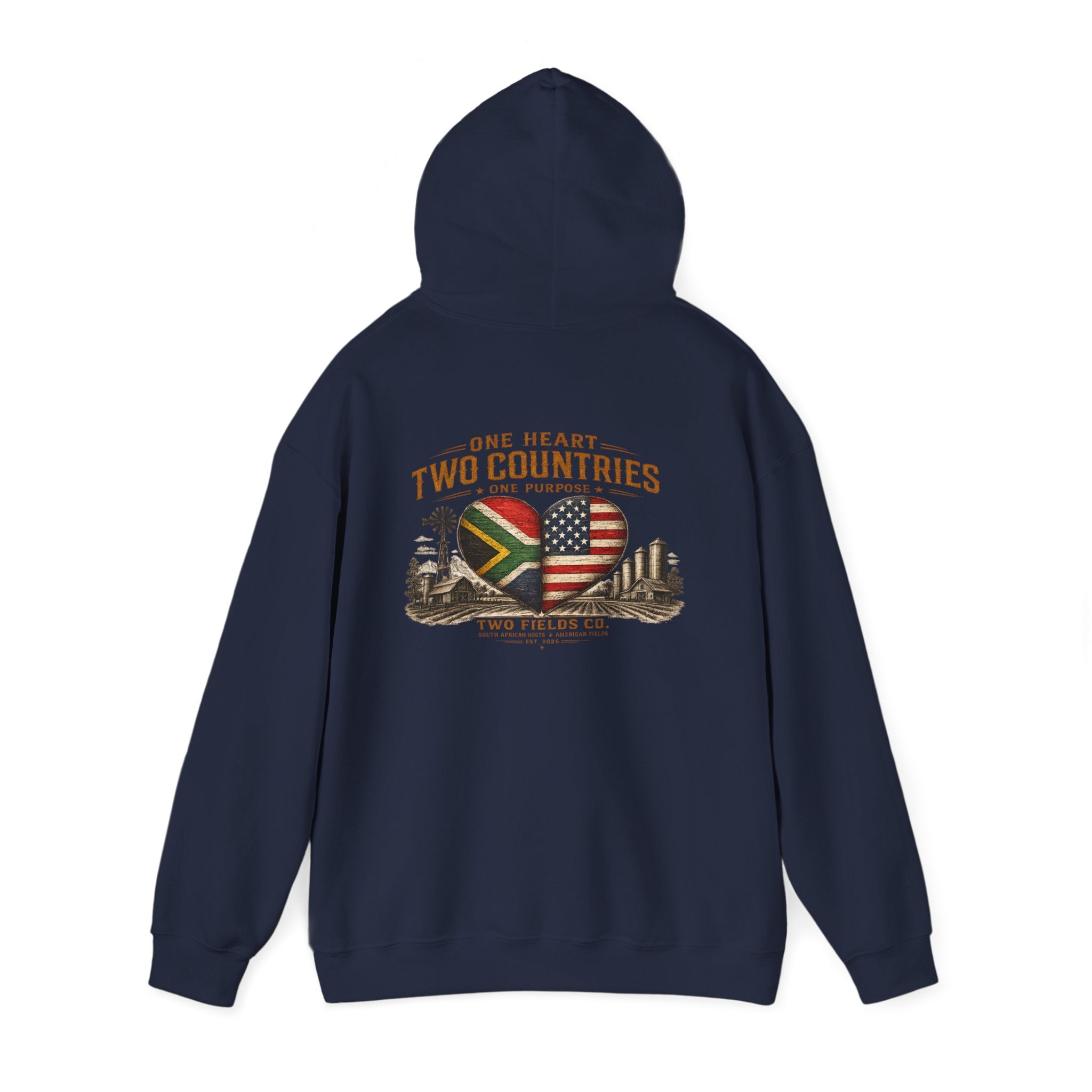 Navy blue pullover hoodie with hood and heart-and-flag graphic on back