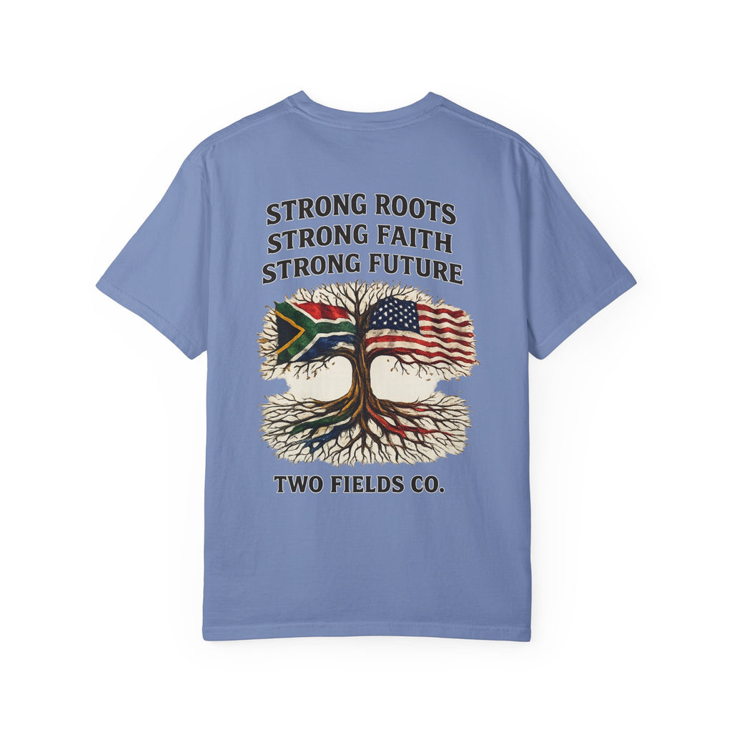Blue graphic t-shirt with two-flag tree illustration and 'Strong Roots' text