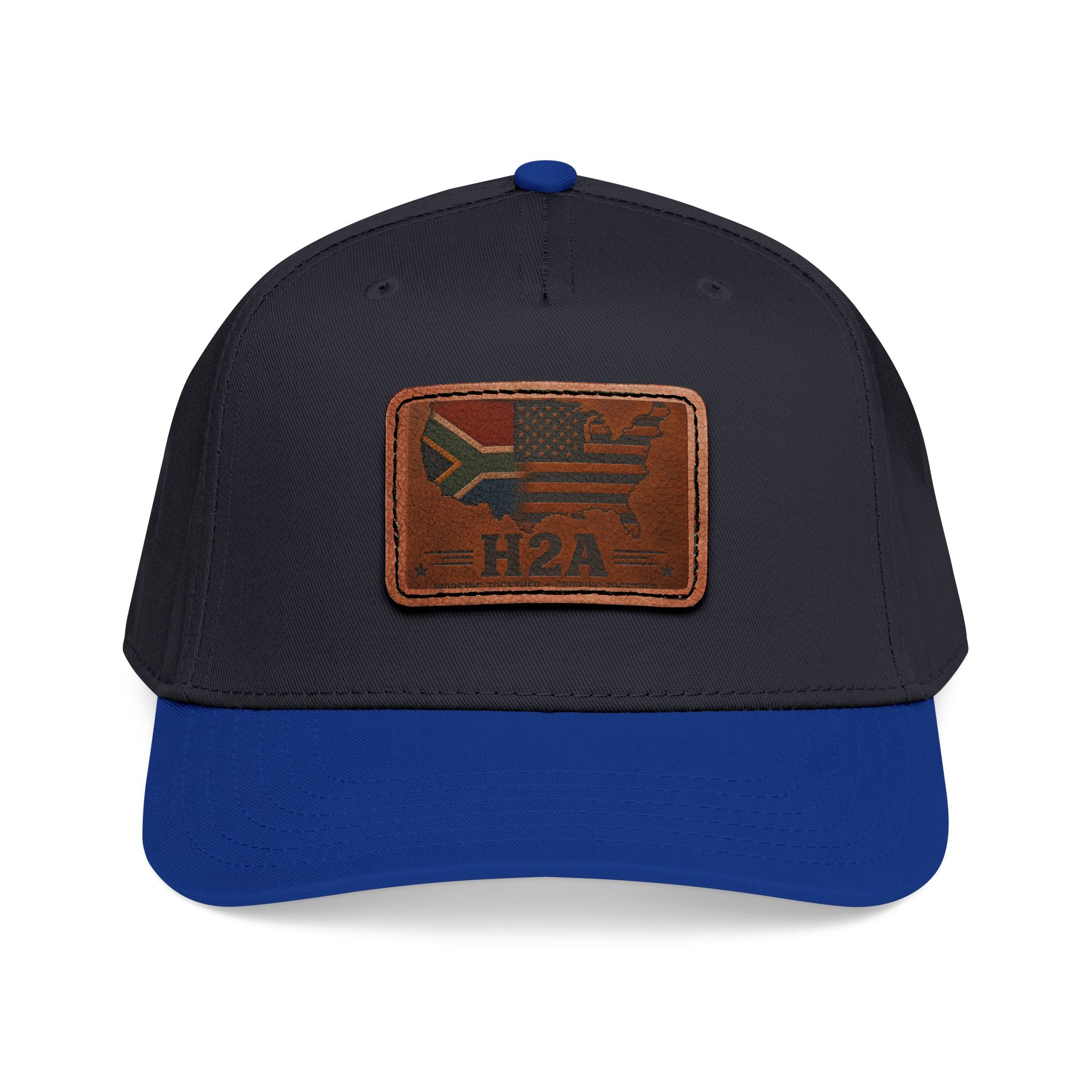 Black top and blue brim baseball cap with light brown rectangular H2A flag leather patch