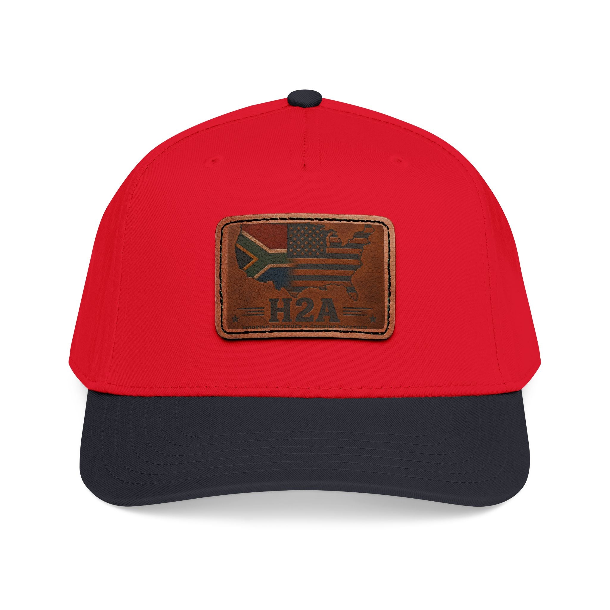 Red and dark baseball cap with rectangular H2A flag leather patch on front