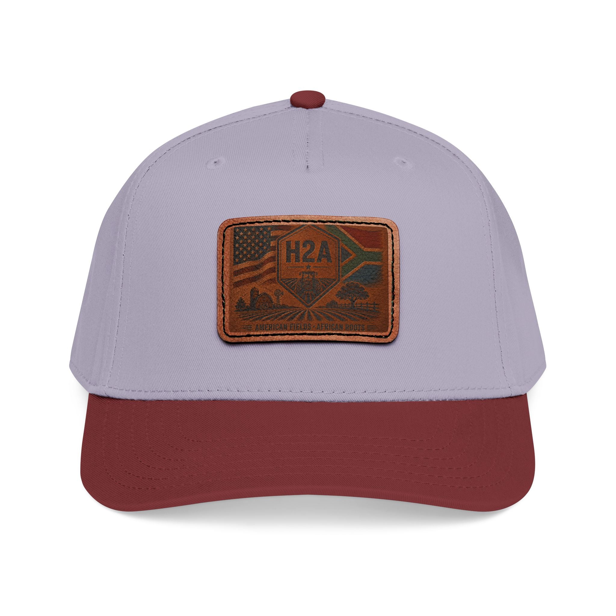 Two-tone baseball cap, light gray crown with maroon brim and rectangular H2A patch