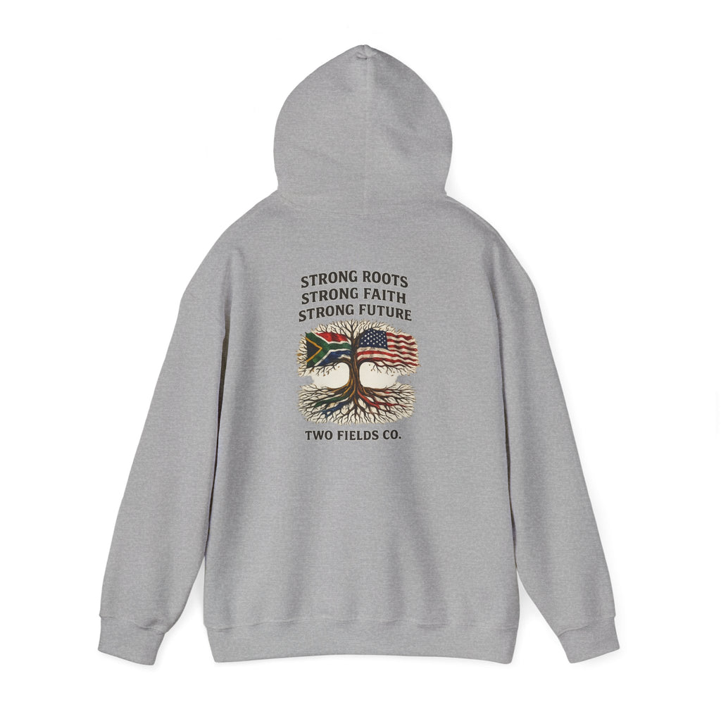 Heather grey pullover hoodie with back graphic of tree and U.S. flag