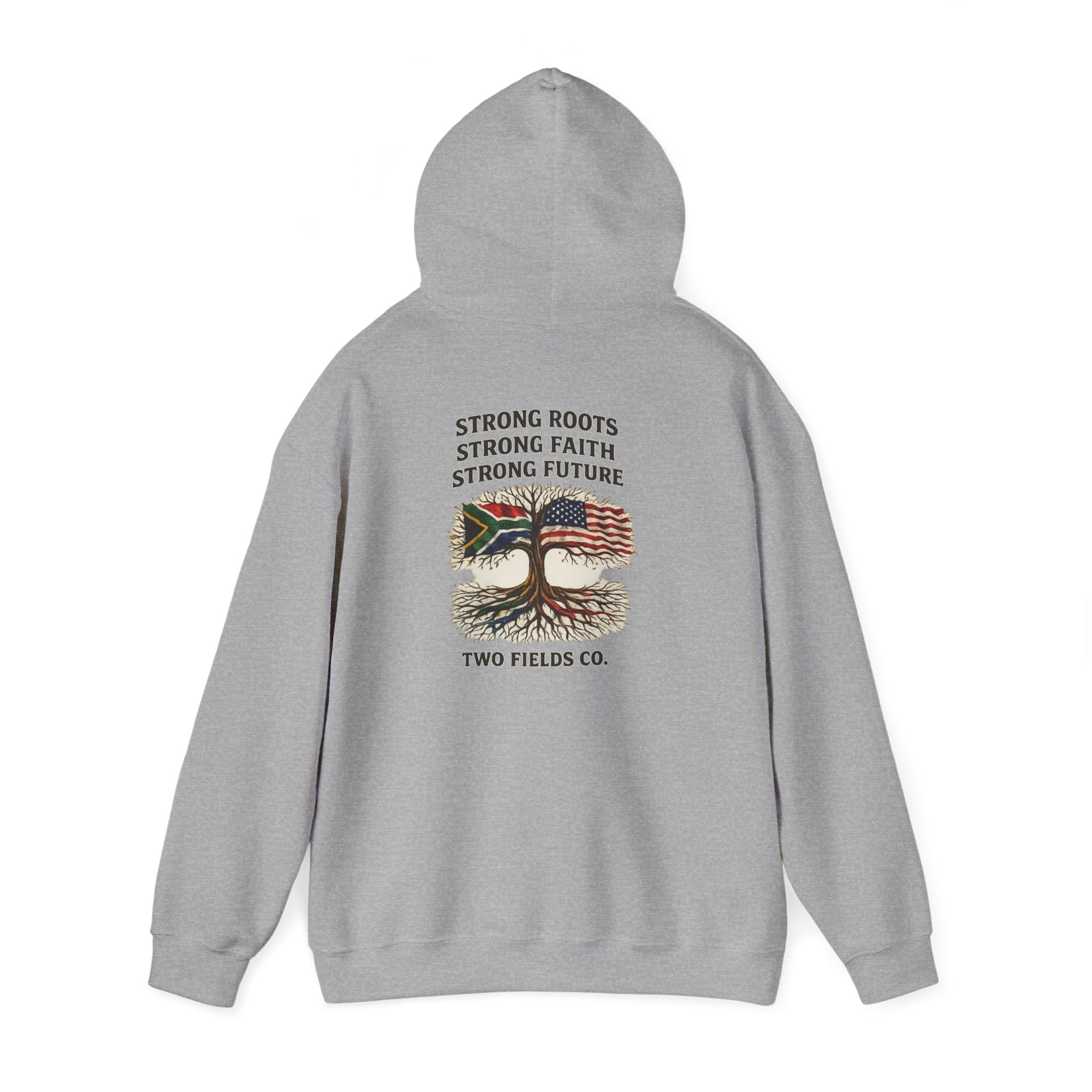 Heather grey pullover hoodie with back graphic of tree and U.S. flag