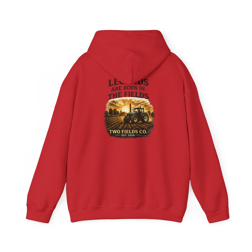 Red tractor graphic hoodie with slogan on back, hooded pullover sweatshirt