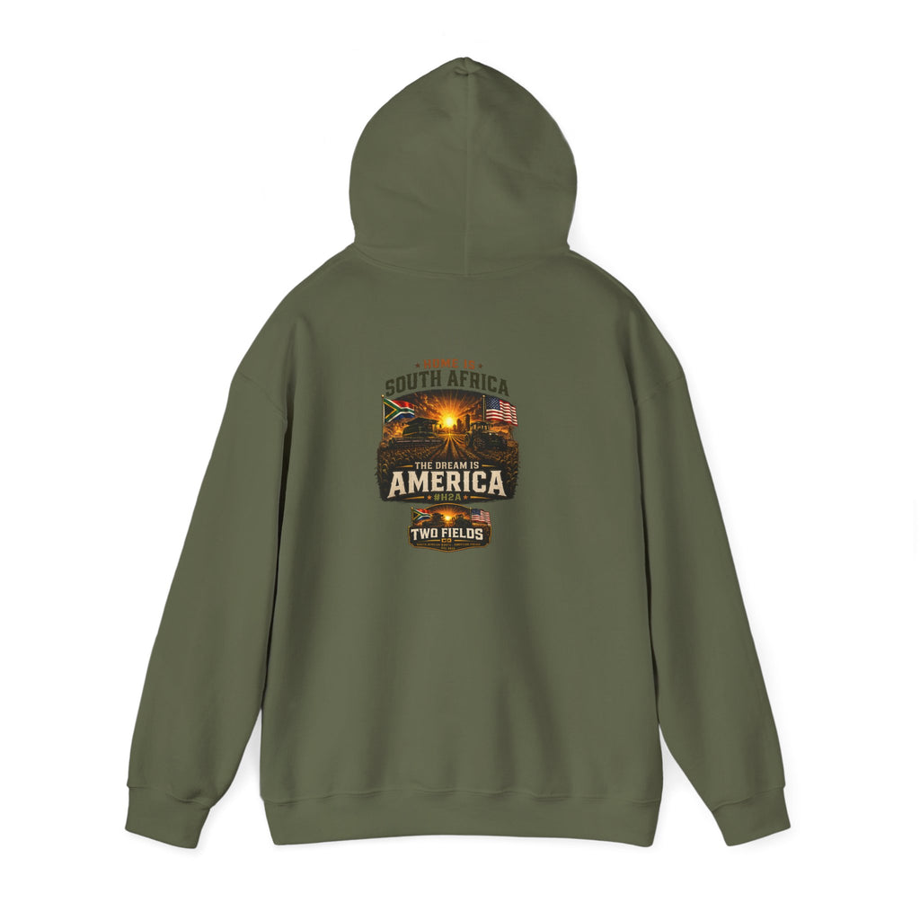 Military green pullover hoodie with back “South Africa America Two Fields” graphic.