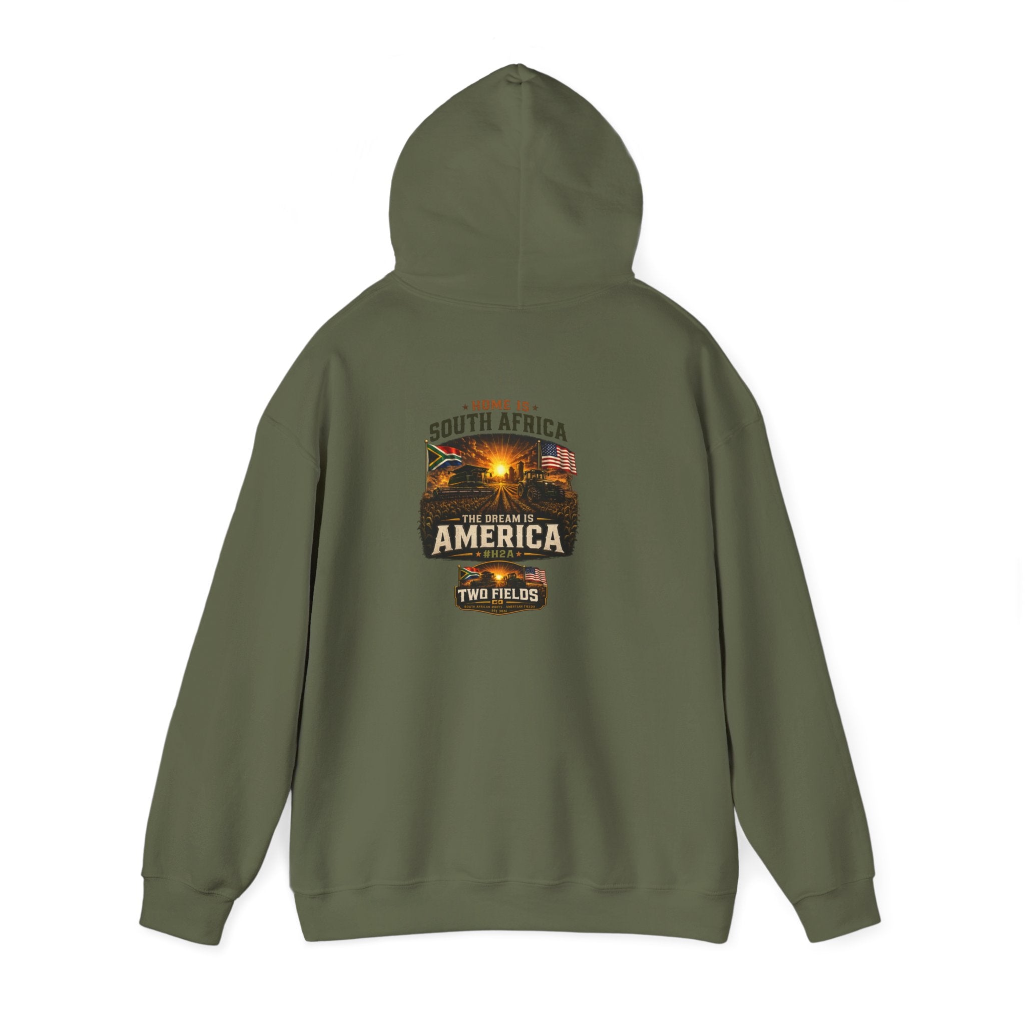 Military green pullover hoodie with back “South Africa America Two Fields” graphic.