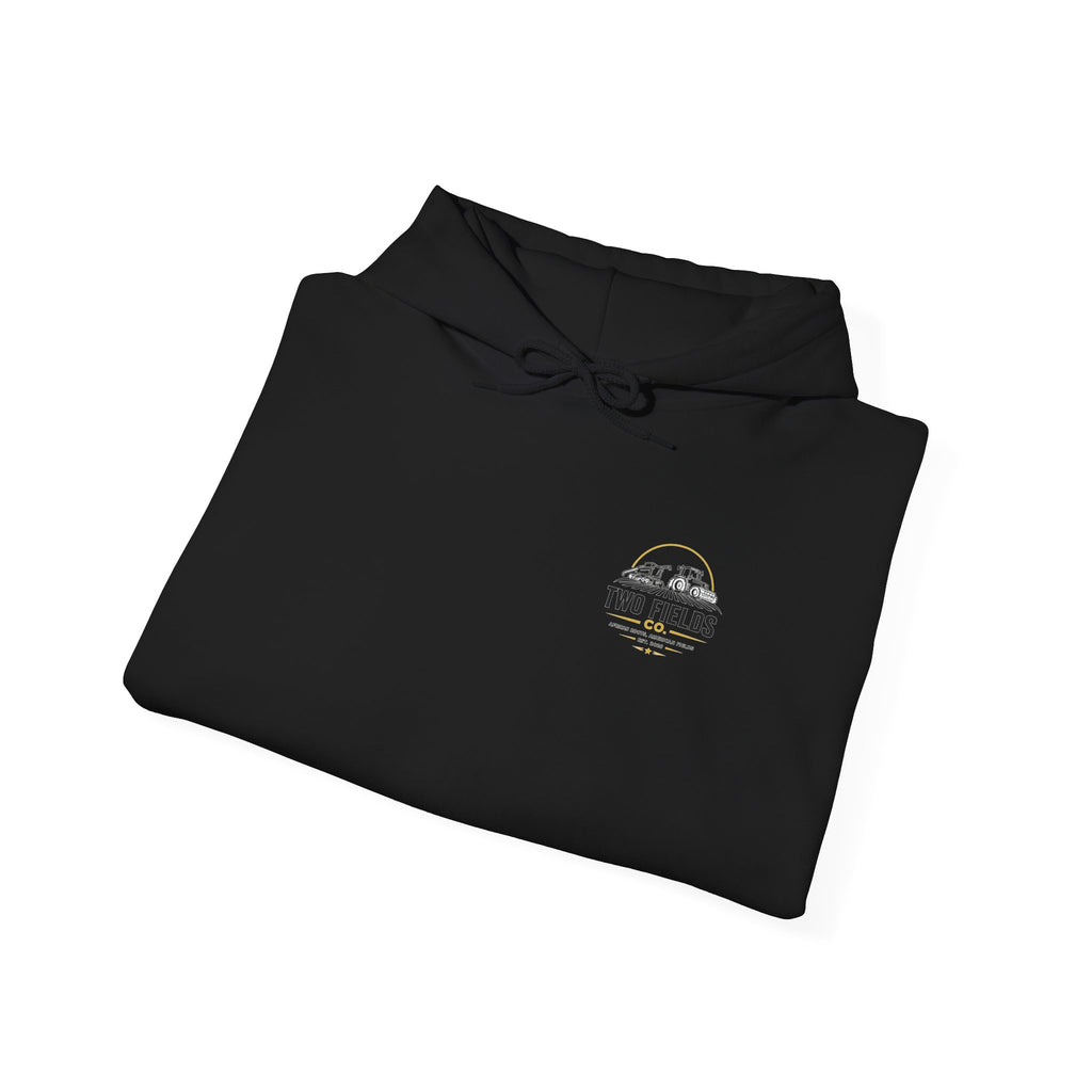 Black hoodie with hood and small chest graphic; drawstring at neckline