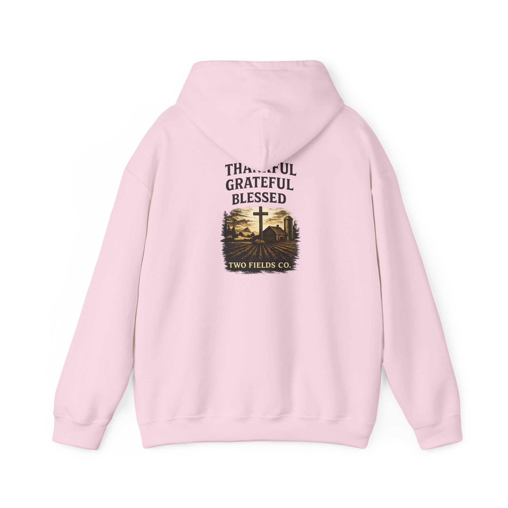 Pink pullover hoodie with hood and pouch, large chest print featuring a cross