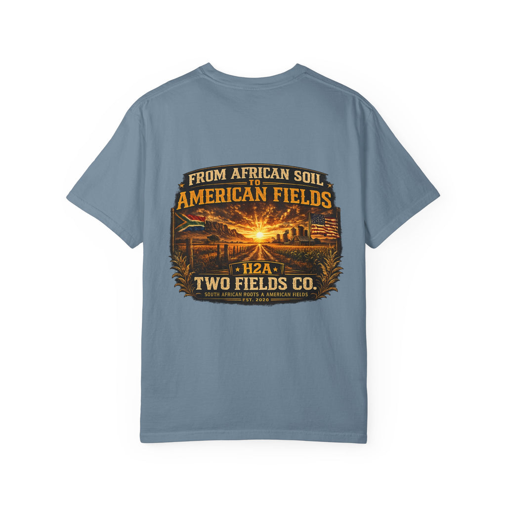 Blue T-shirt with farm sunset graphic and Two Fields Co. text