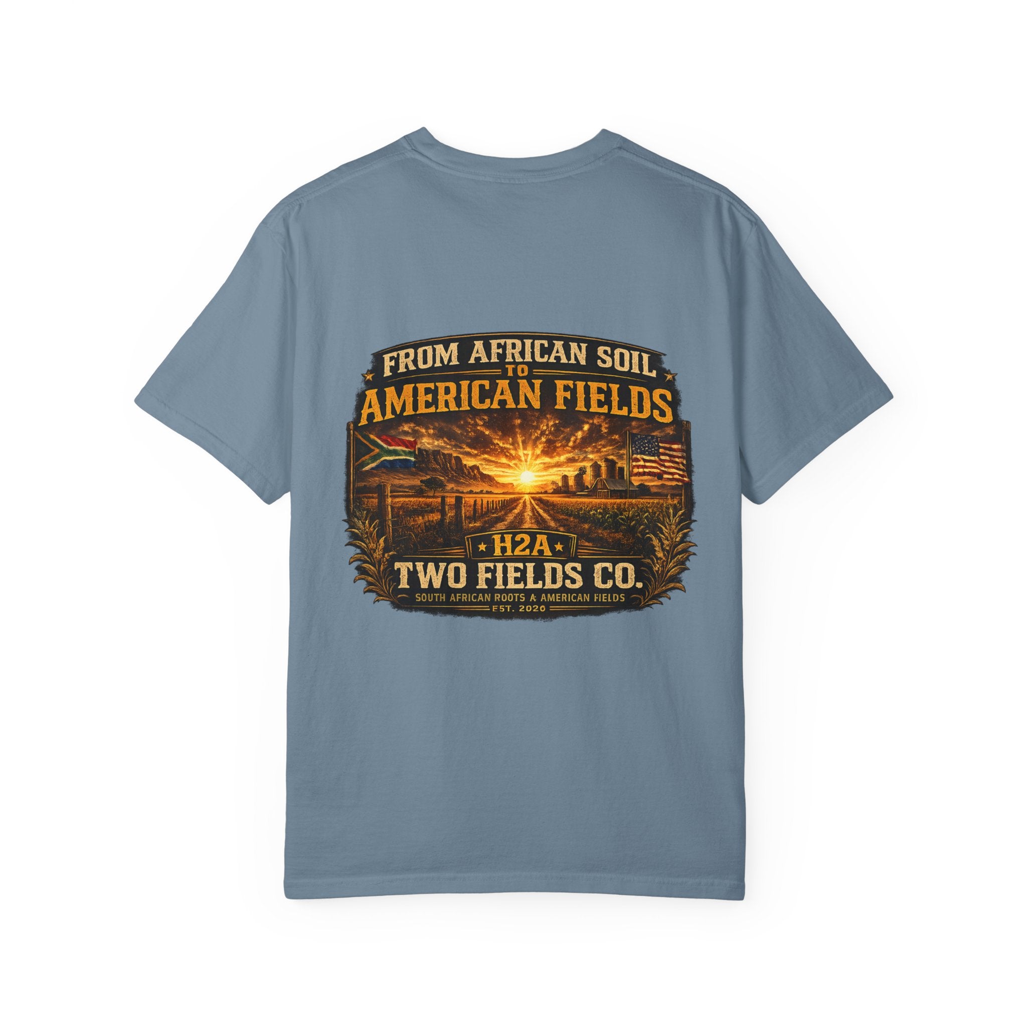 Blue T-shirt with farm sunset graphic and Two Fields Co. text
