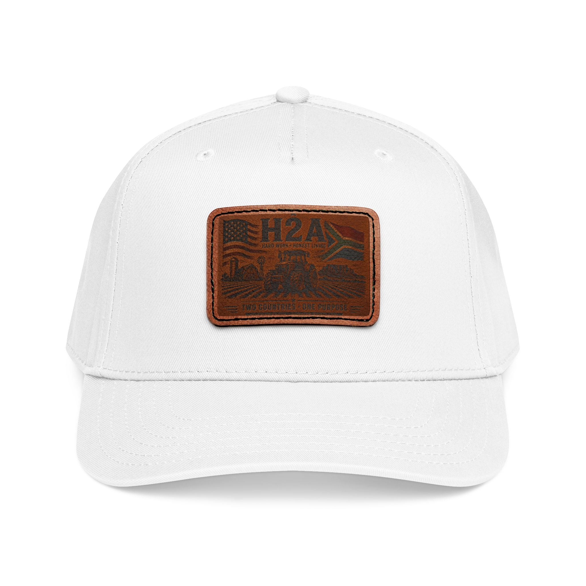 Leather patch baseball cap in white, rectangle H2A logo patch