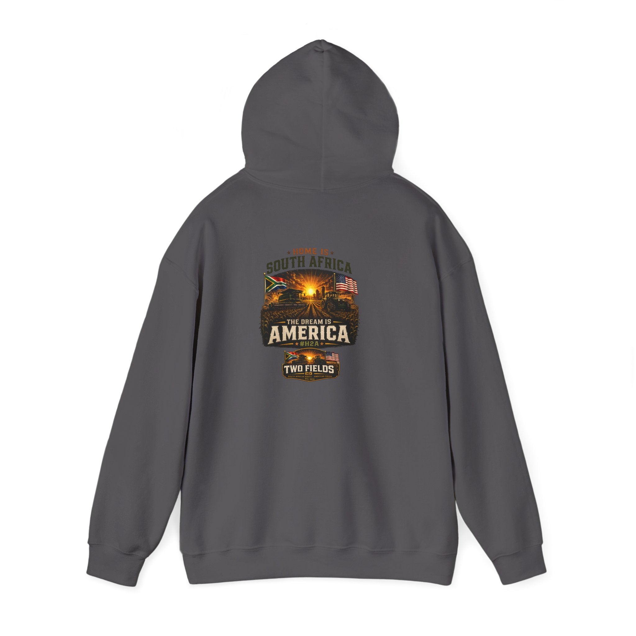 Dark gray hoodie with hood and printed South Africa–America travel graphic on back