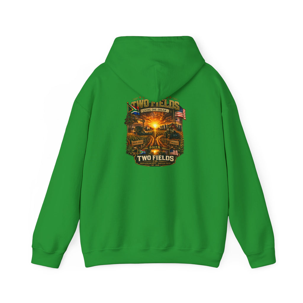 Forest green pullover hoodie with front chest sunset farm graphic and kangaroo pocket