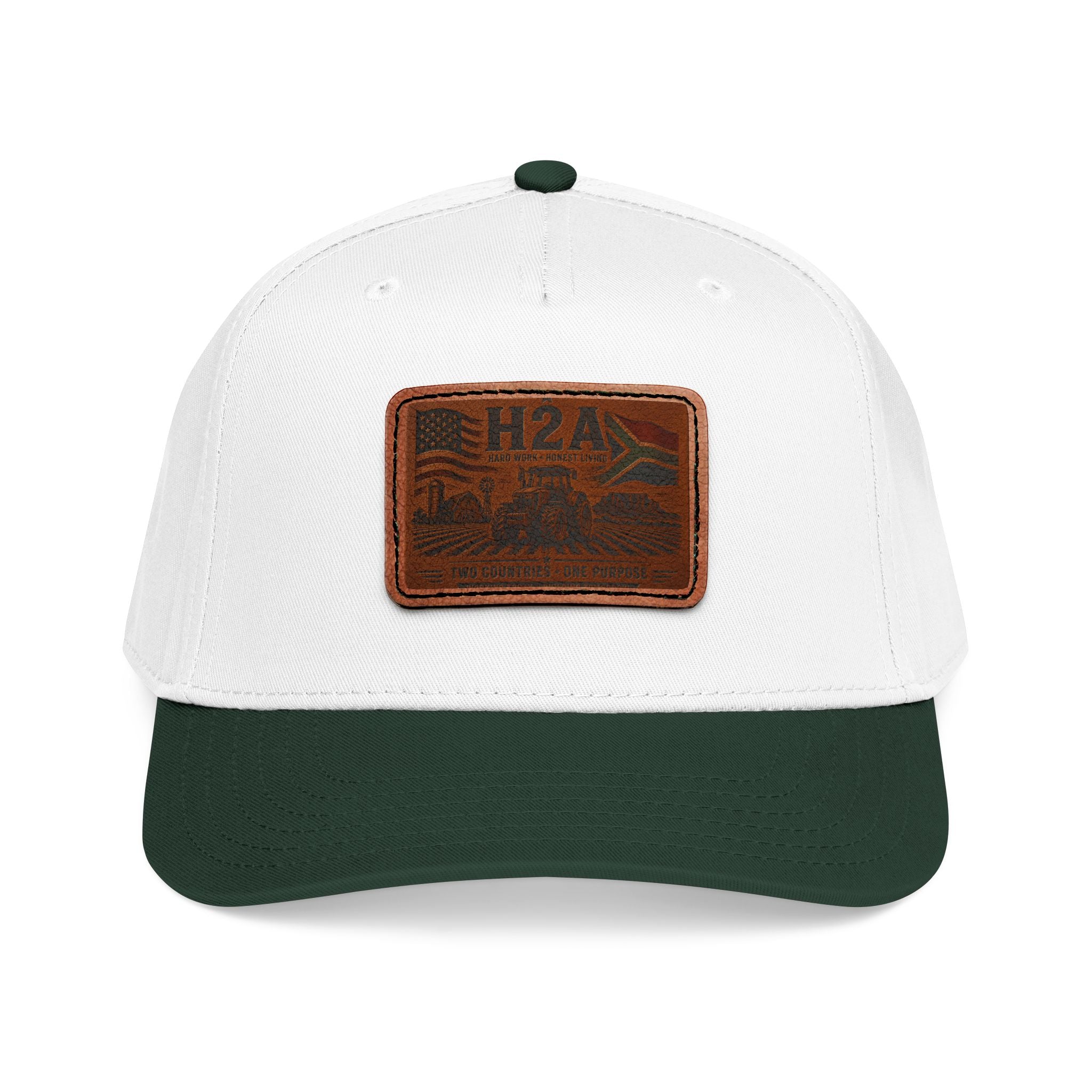 Leather patch baseball cap in white with dark green brim, rectangle H2A logo patch