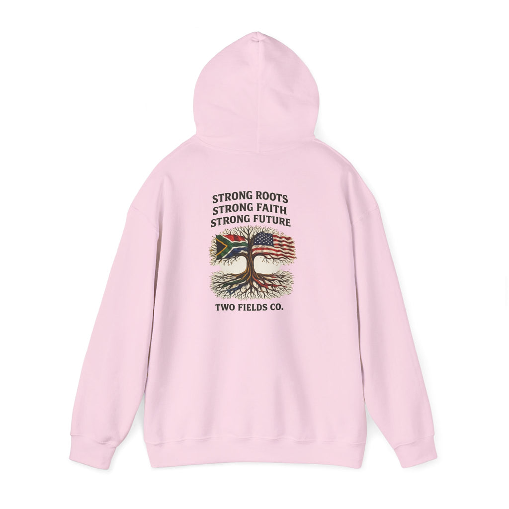 Pink pullover hoodie with hood and back graphic print, long sleeves