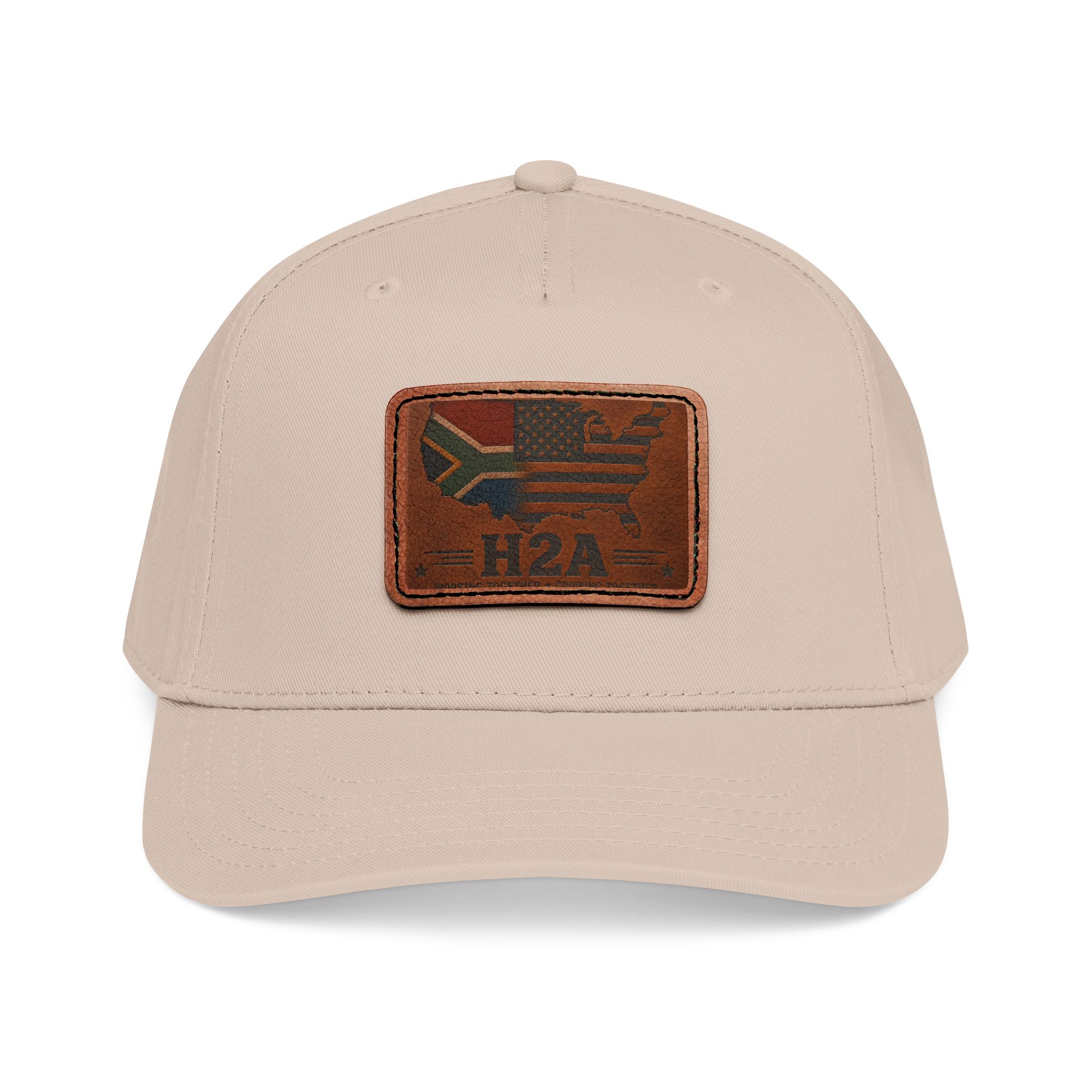 Light beige baseball cap with rectangular leather patch and H2A flag design
