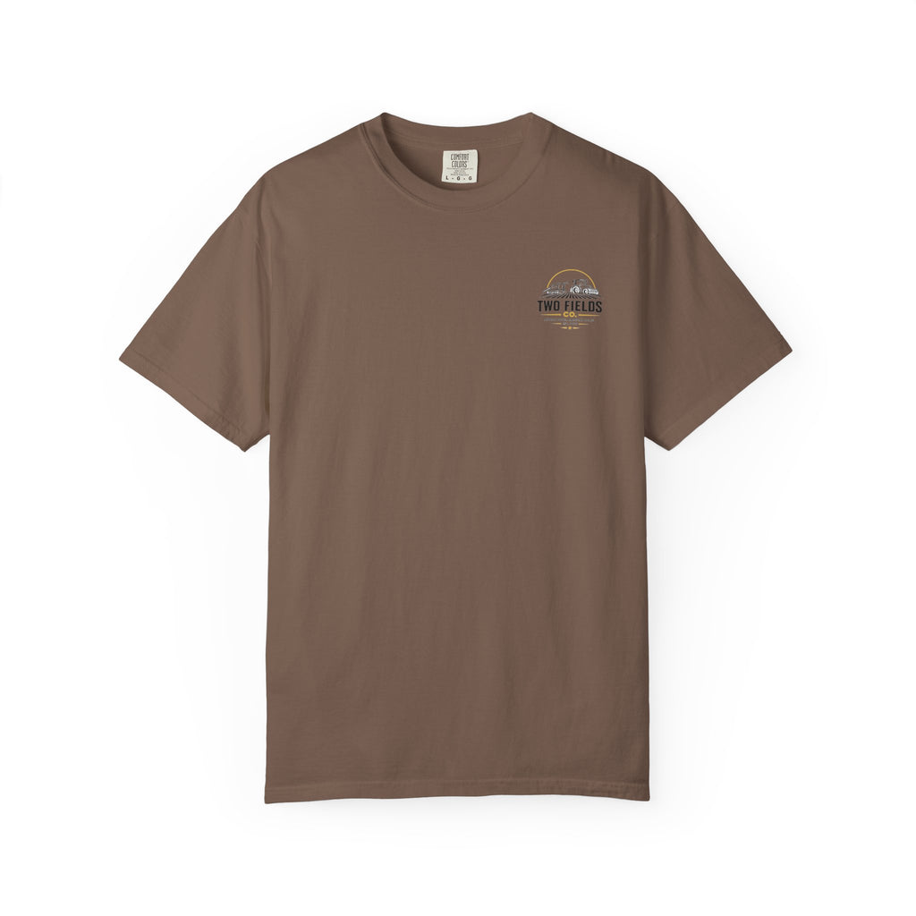 Brown crew neck t-shirt with small chest Two Fields Co. logo