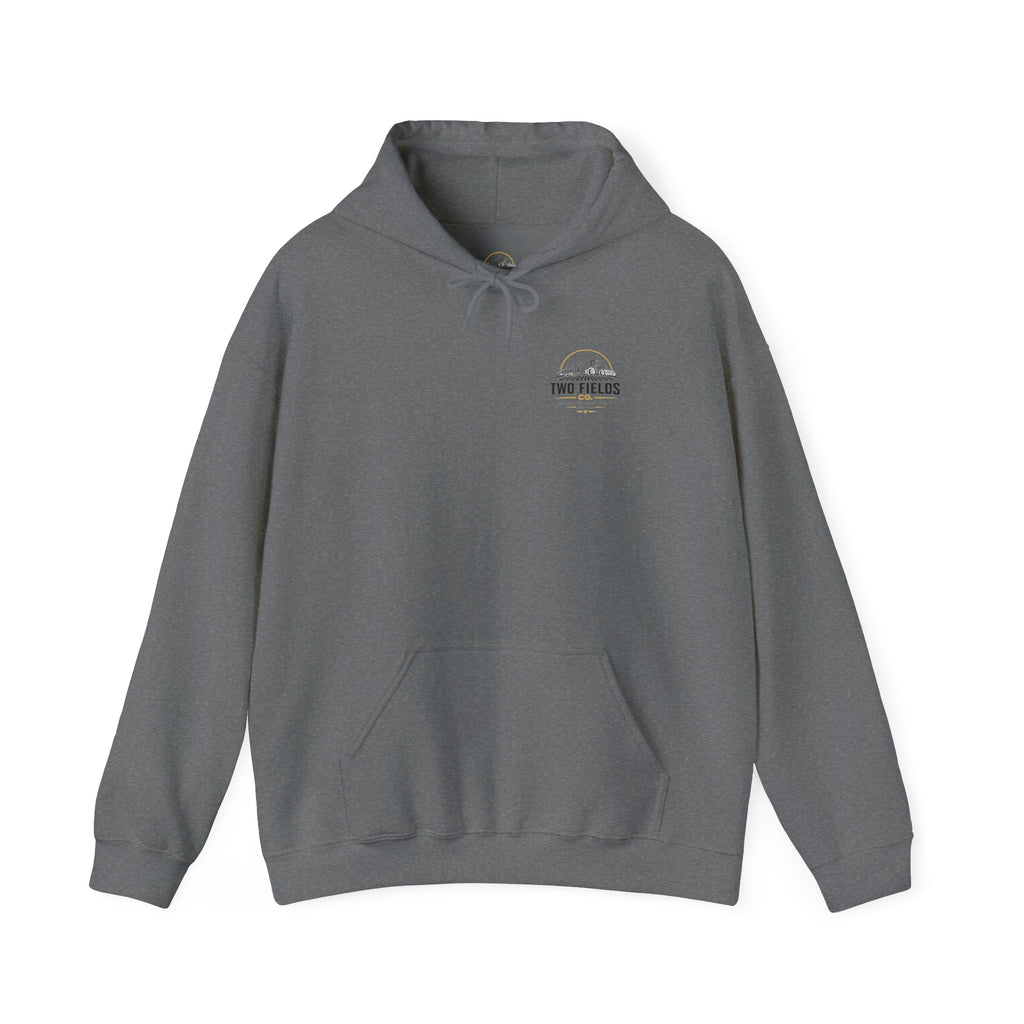 Gray pullover hoodie front with small Two Fields chest logo