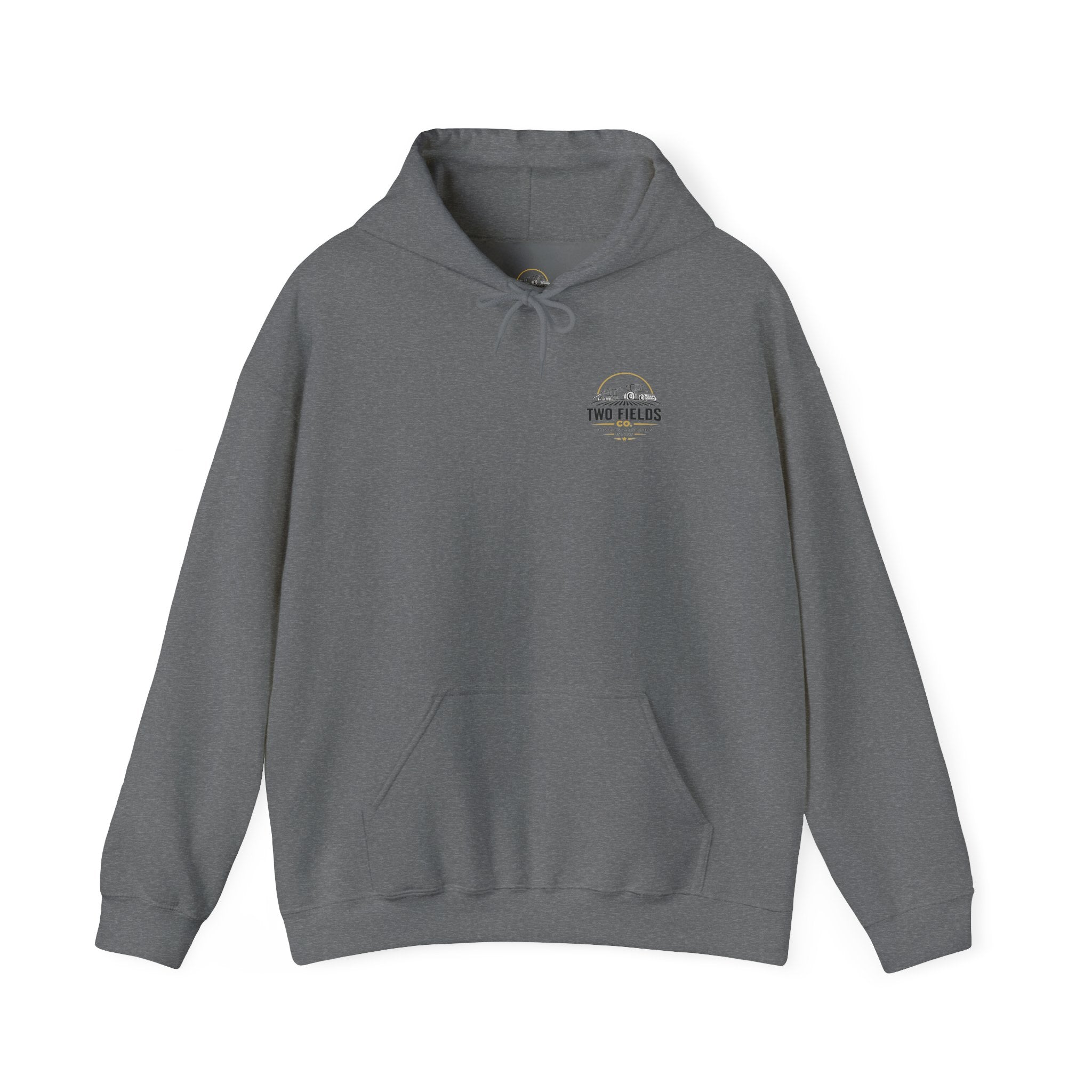 Gray pullover hoodie front with small Two Fields chest logo