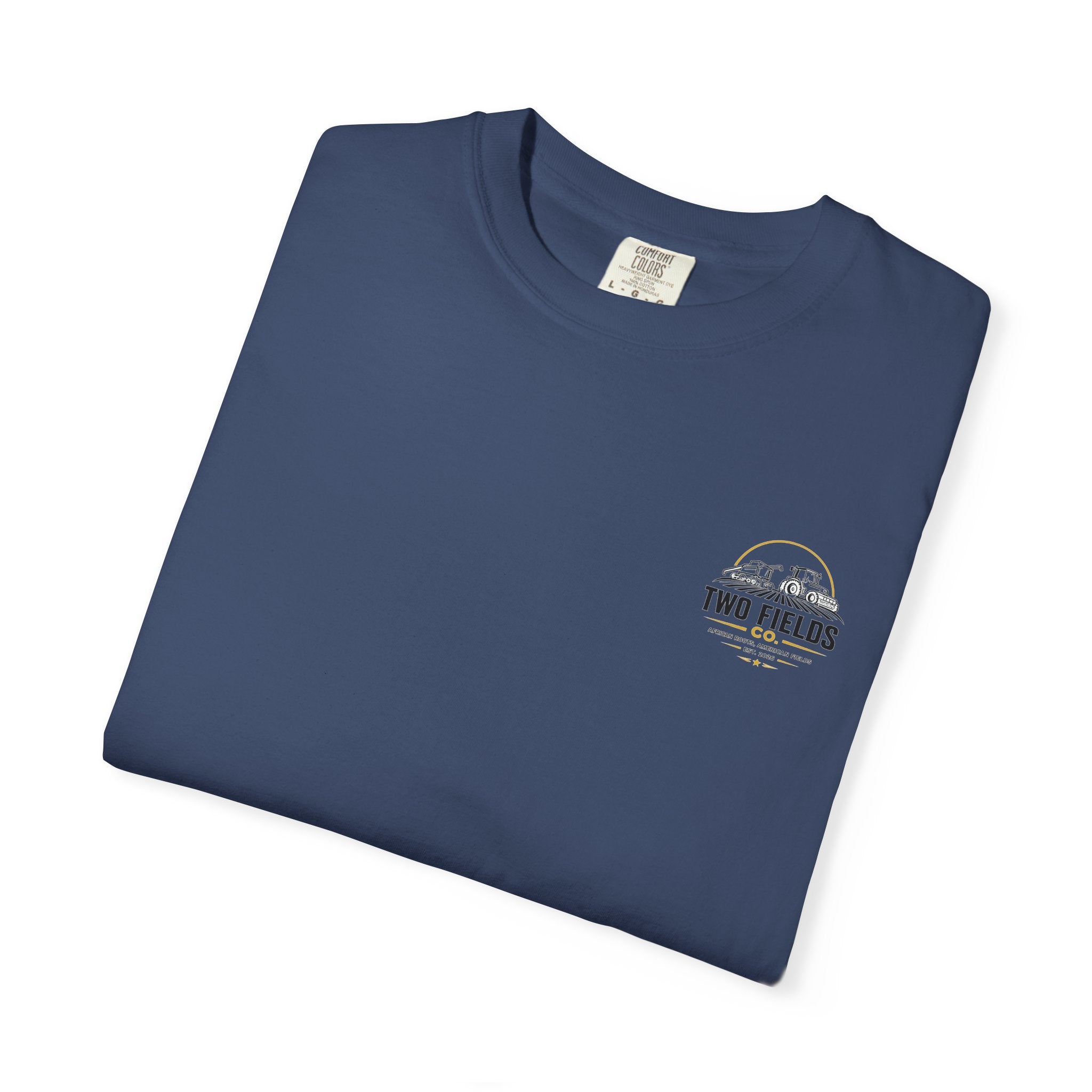 Dark navy T-shirt with small Two Fields Co logo on the chest