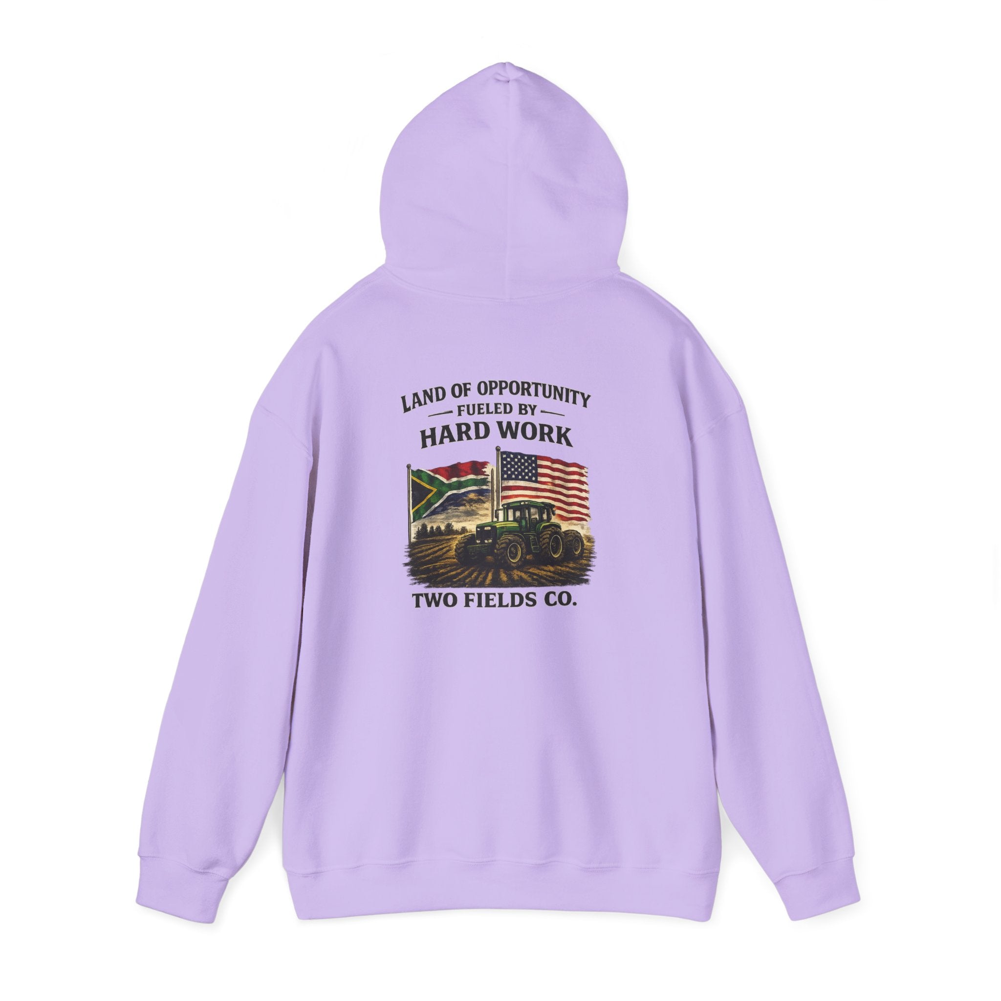 Light purple pullover hoodie, back print shows tractor image, flag, and “HARD WORK”