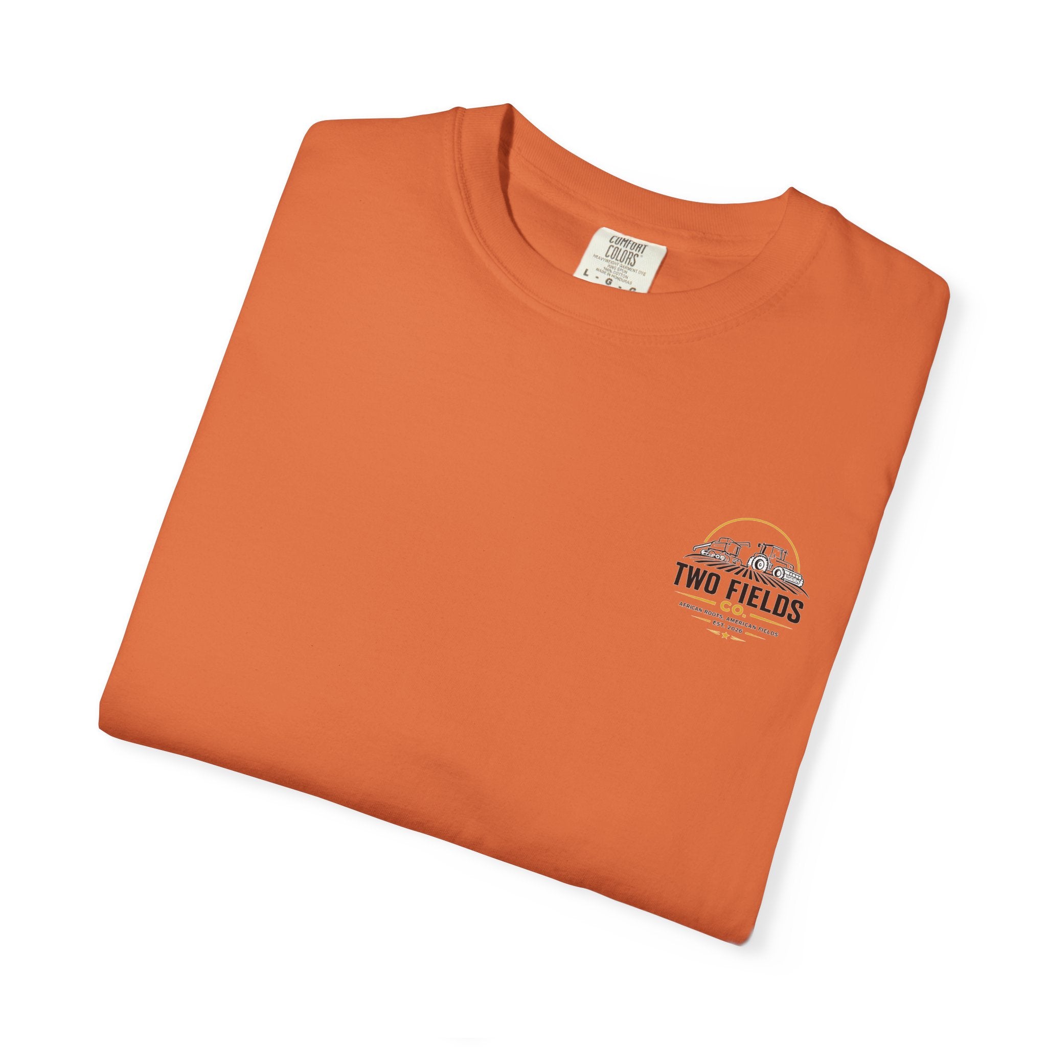 Orange crewneck t-shirt with small TWO FIELDS logo on chest, folded