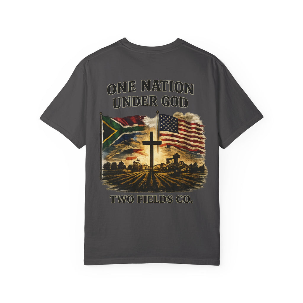 Charcoal T-shirt with “ONE NATION UNDER GOD” cross and flag front graphic