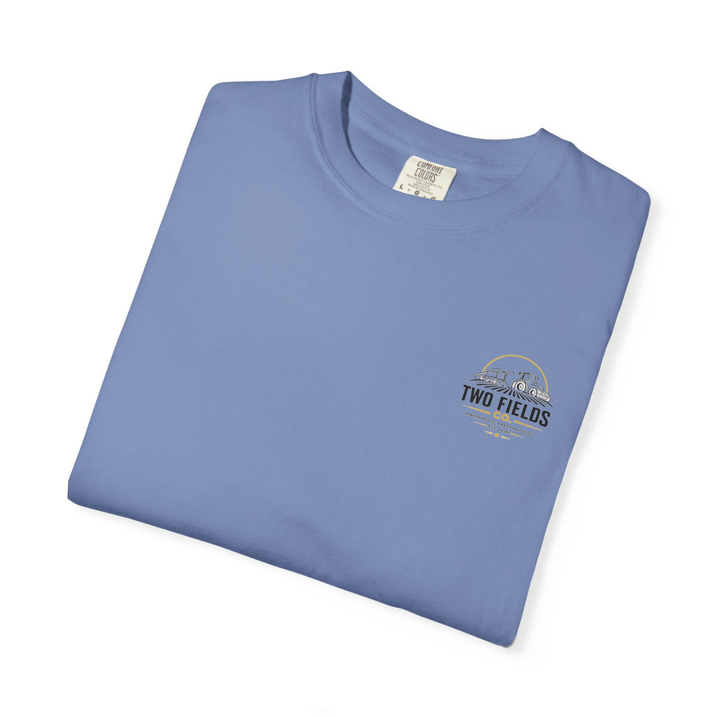 Blue graphic T-shirt with small Two Fields logo on the chest