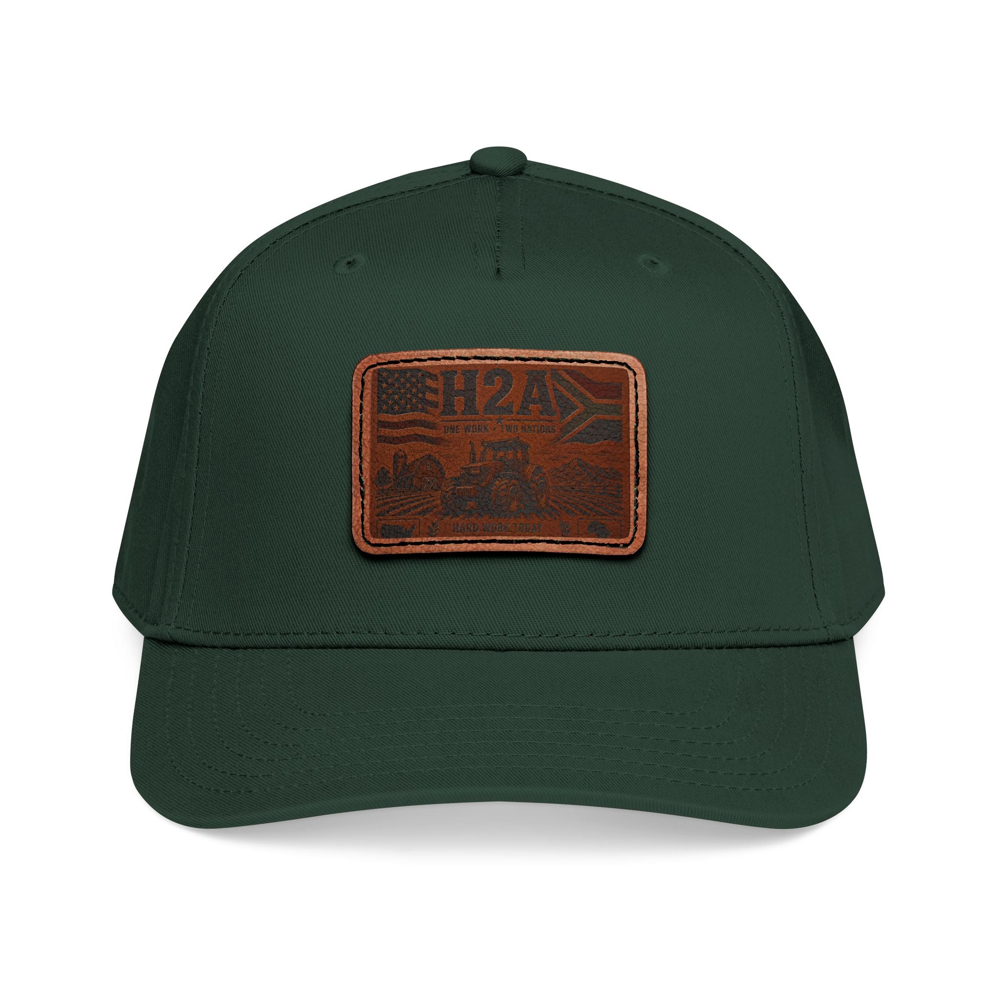 Leather patch baseball cap in dark green with rectangular H2A truck patch