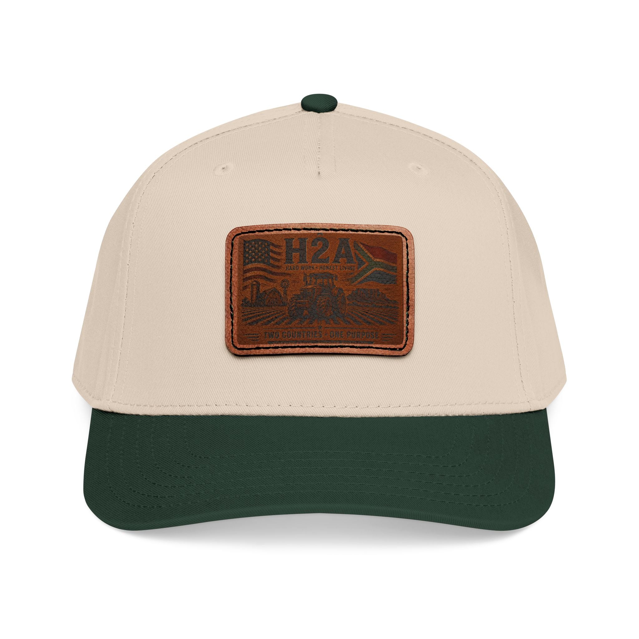 Beige baseball cap with dark green brim and rectangular H2A logo patch