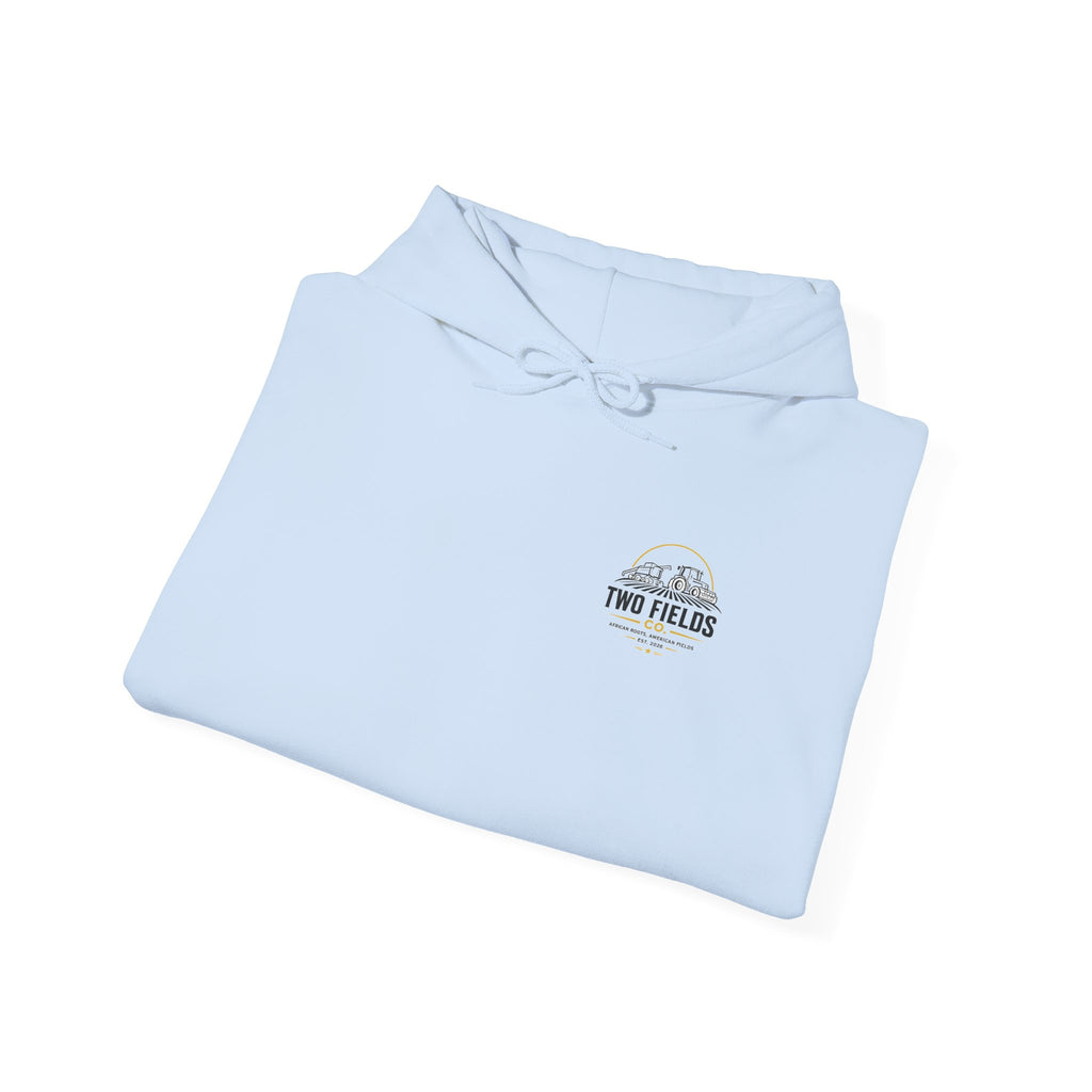 Light blue pullover hoodie with front hood drawstring and small chest logo patch