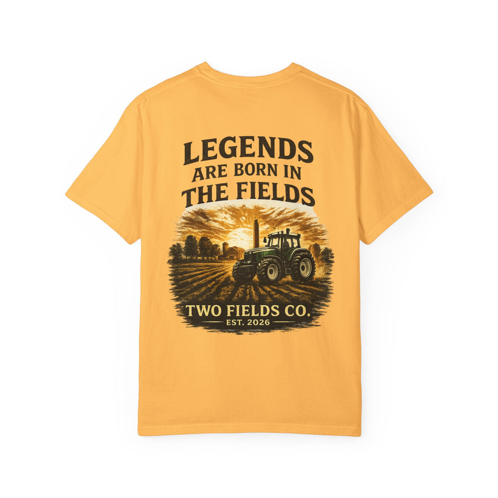 Mustard orange t-shirt with tractor field graphic and 'Legends are born in the fields'