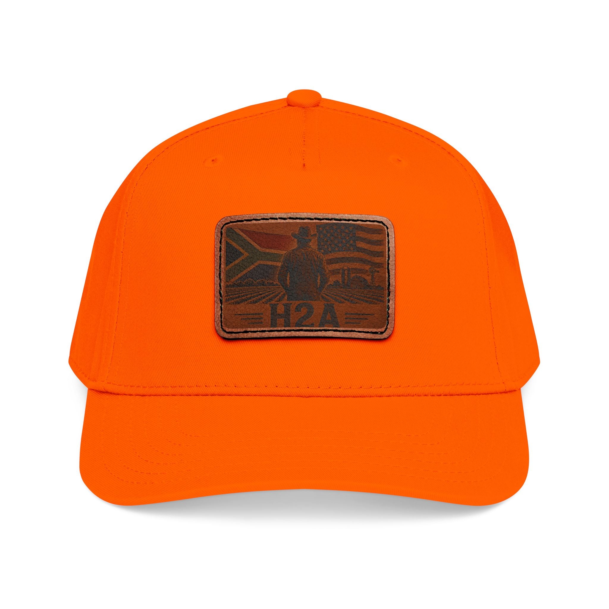 Leather patch baseball cap in bright orange with rectangular H2A logo patch