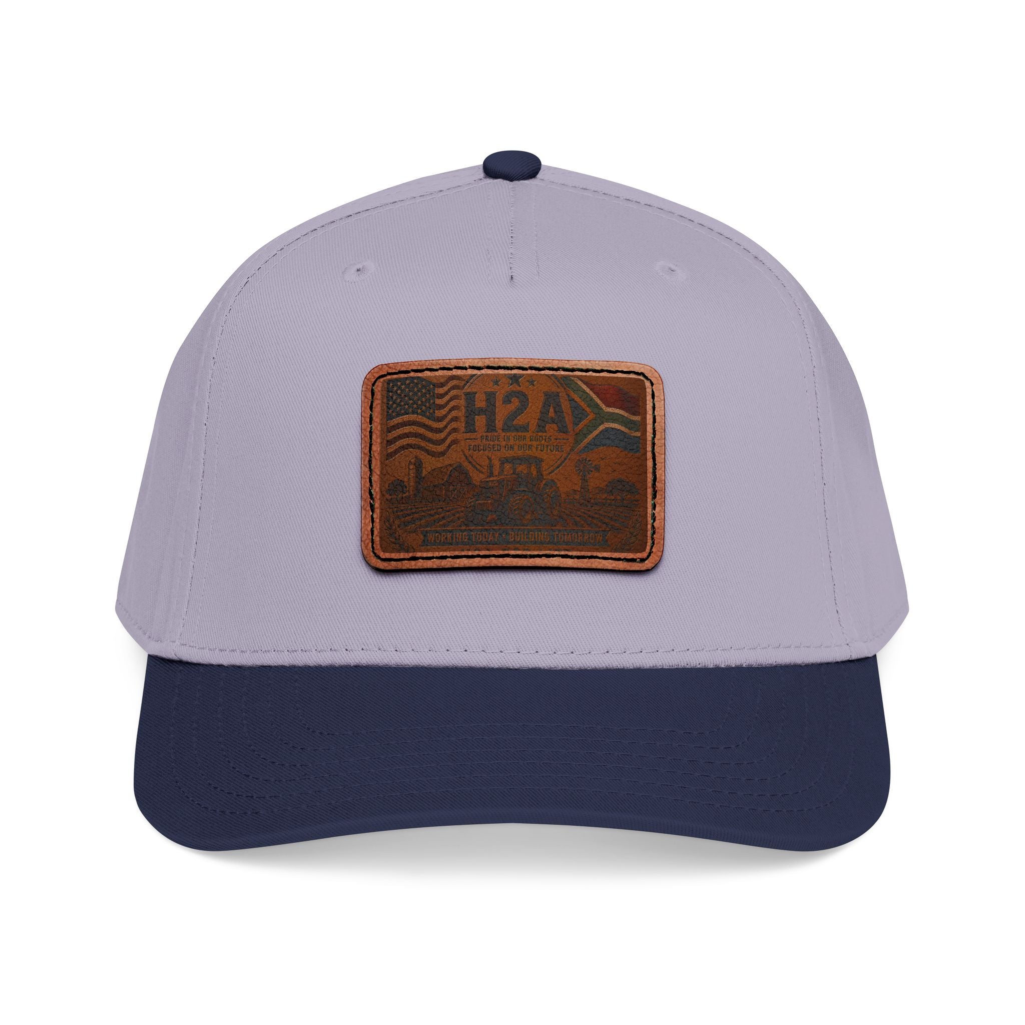 Two-tone baseball cap with H2A leather patch; light gray crown and dark navy brim