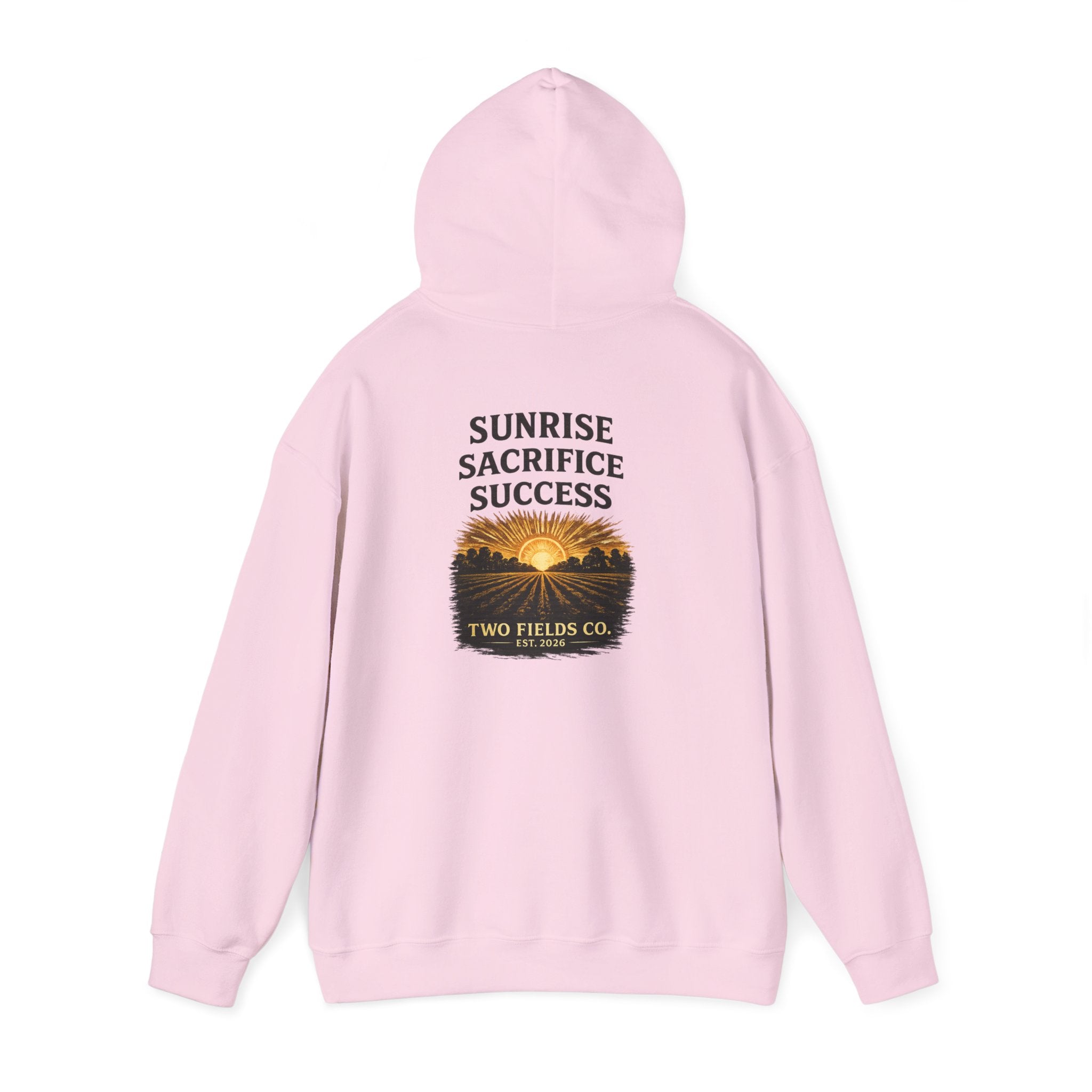 Light pink pullover hoodie, back Sunrise Sacrifice Success sunrise graphic with Two Fields Co.