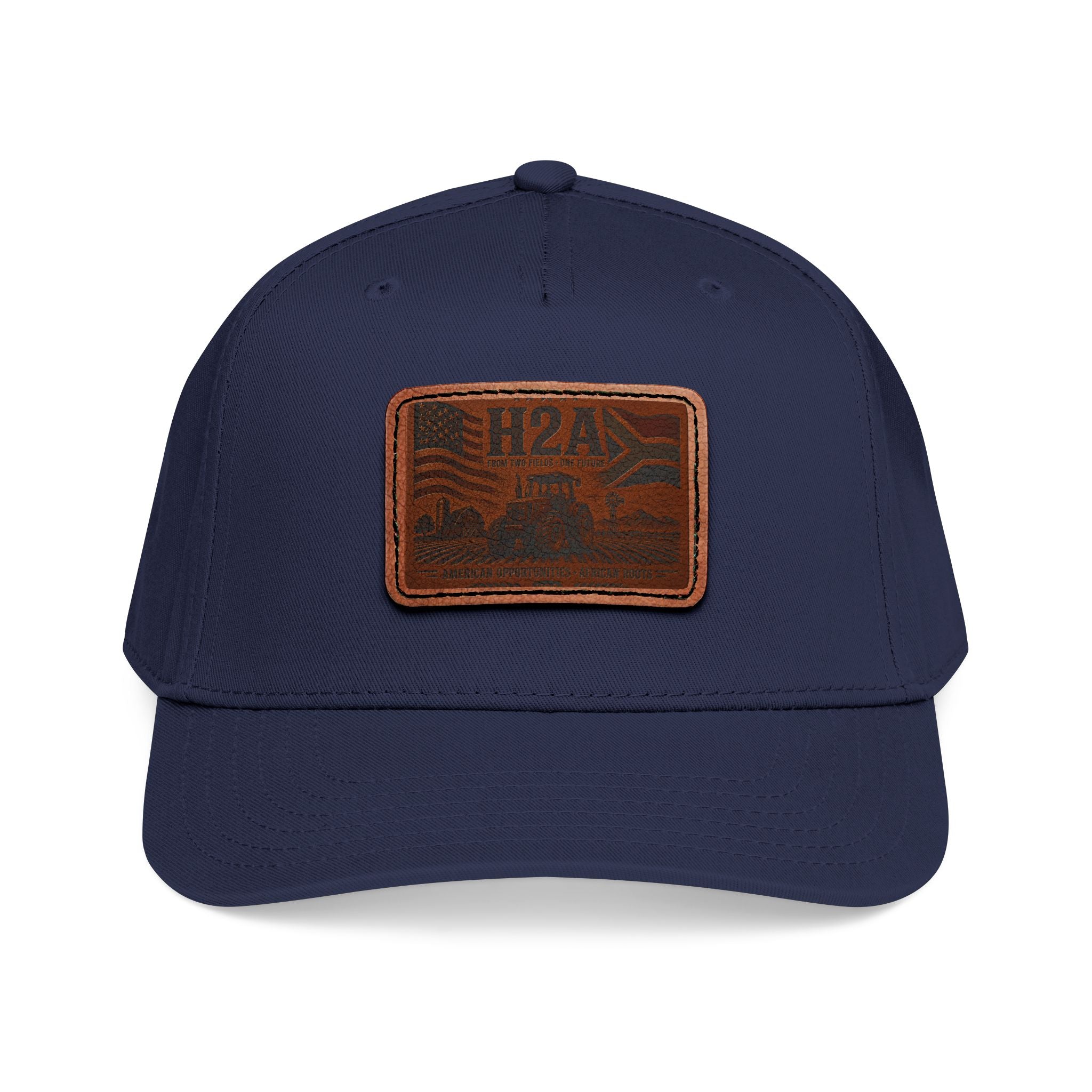 Navy baseball cap with rectangular H2A vintage logo patch