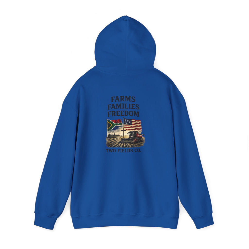 Carolina blue pullover hoodie with hood and centered 'Farms Families Freedom' print