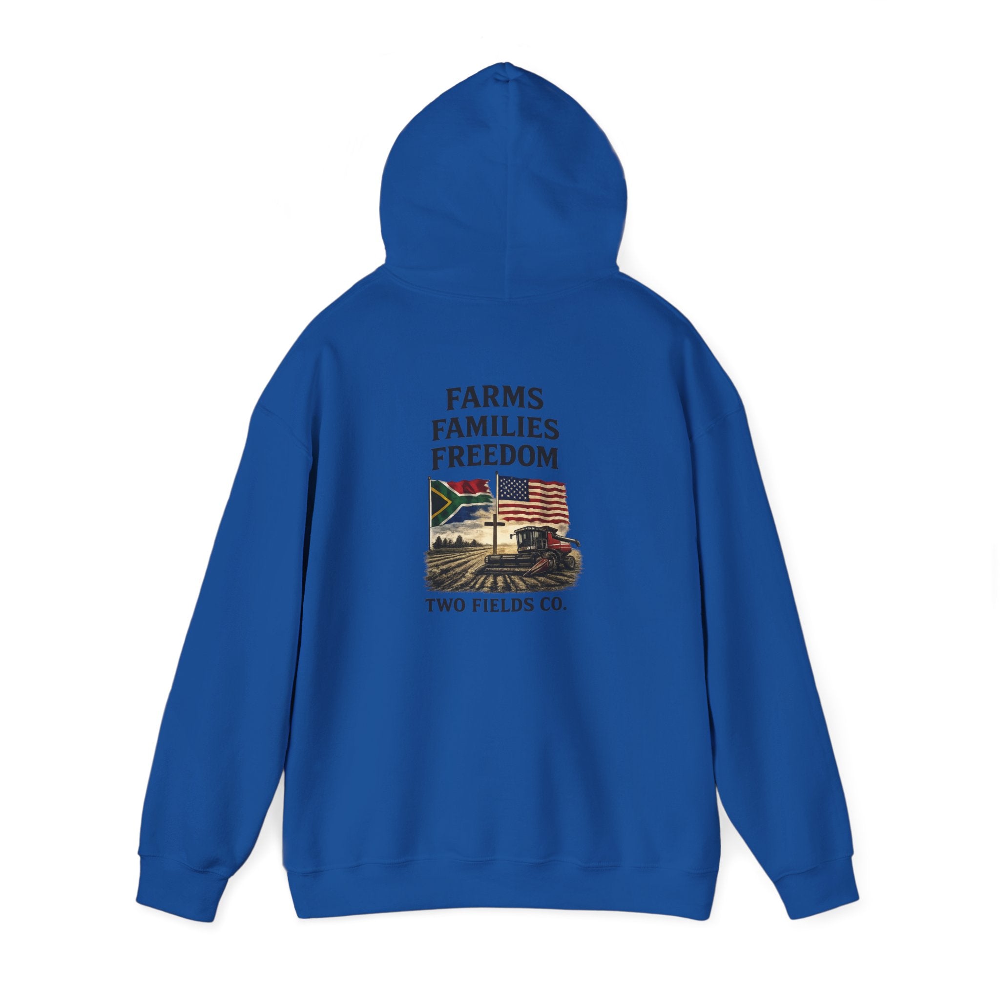 Carolina blue pullover hoodie with hood and centered 'Farms Families Freedom' print