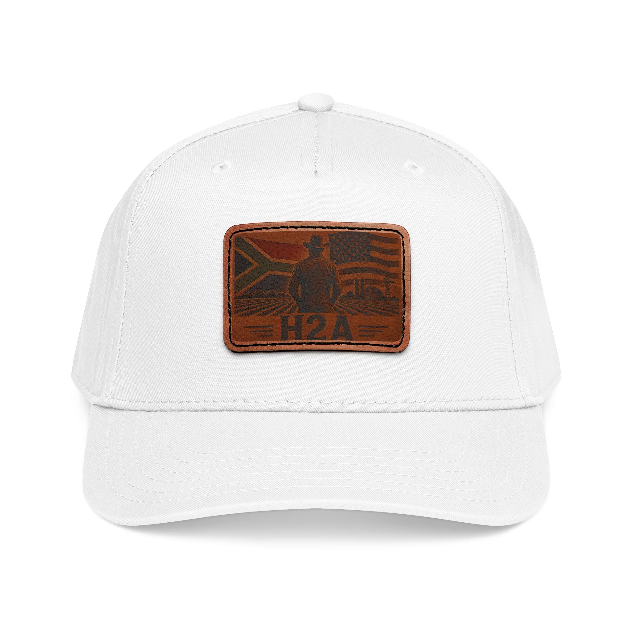 Baseball cap with leather-look H2A flag patch, all-white crown and brim.