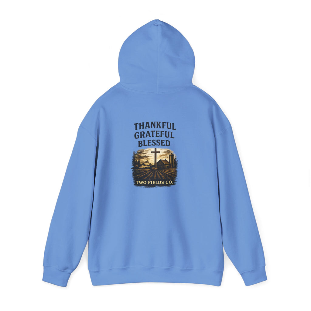 Light blue Christian cross hoodie with back graphic and hood