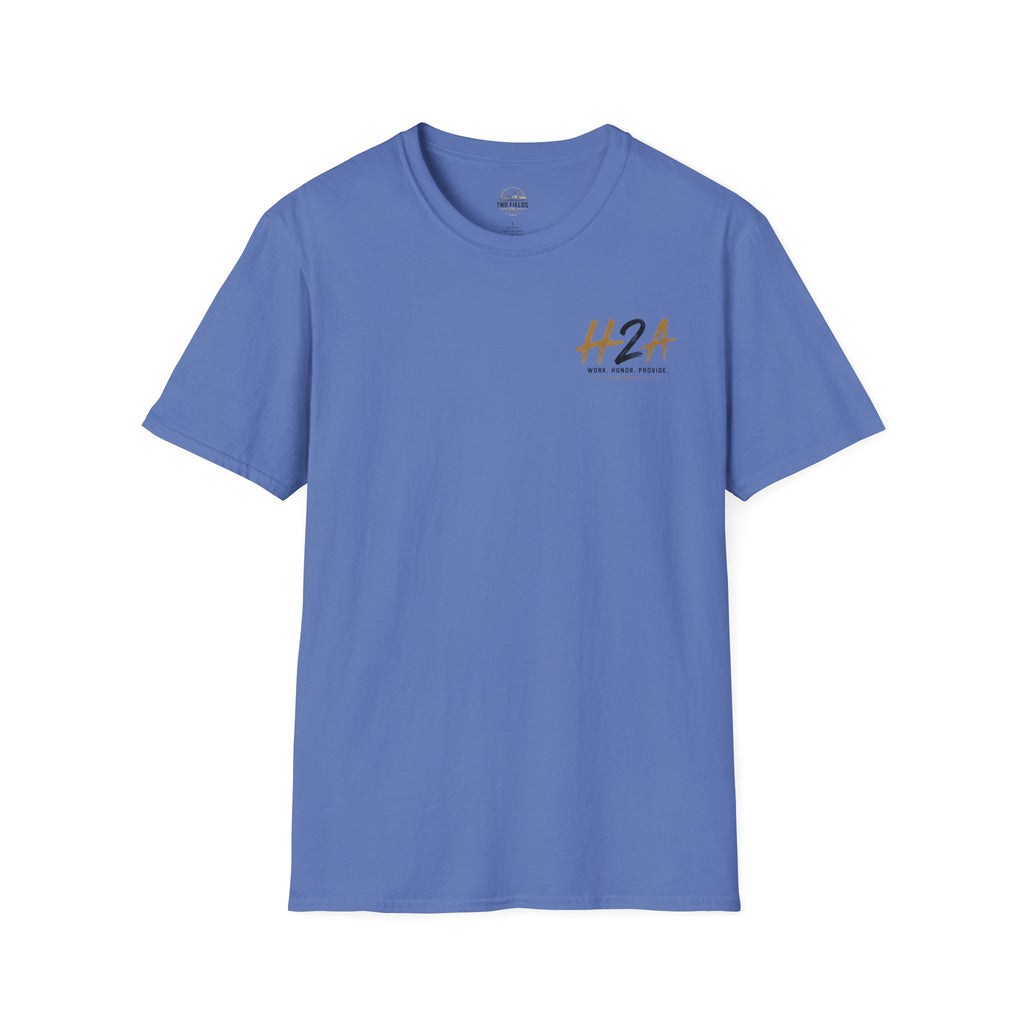 Unisex softstyle T-shirt, medium blue, small H2A logo on front