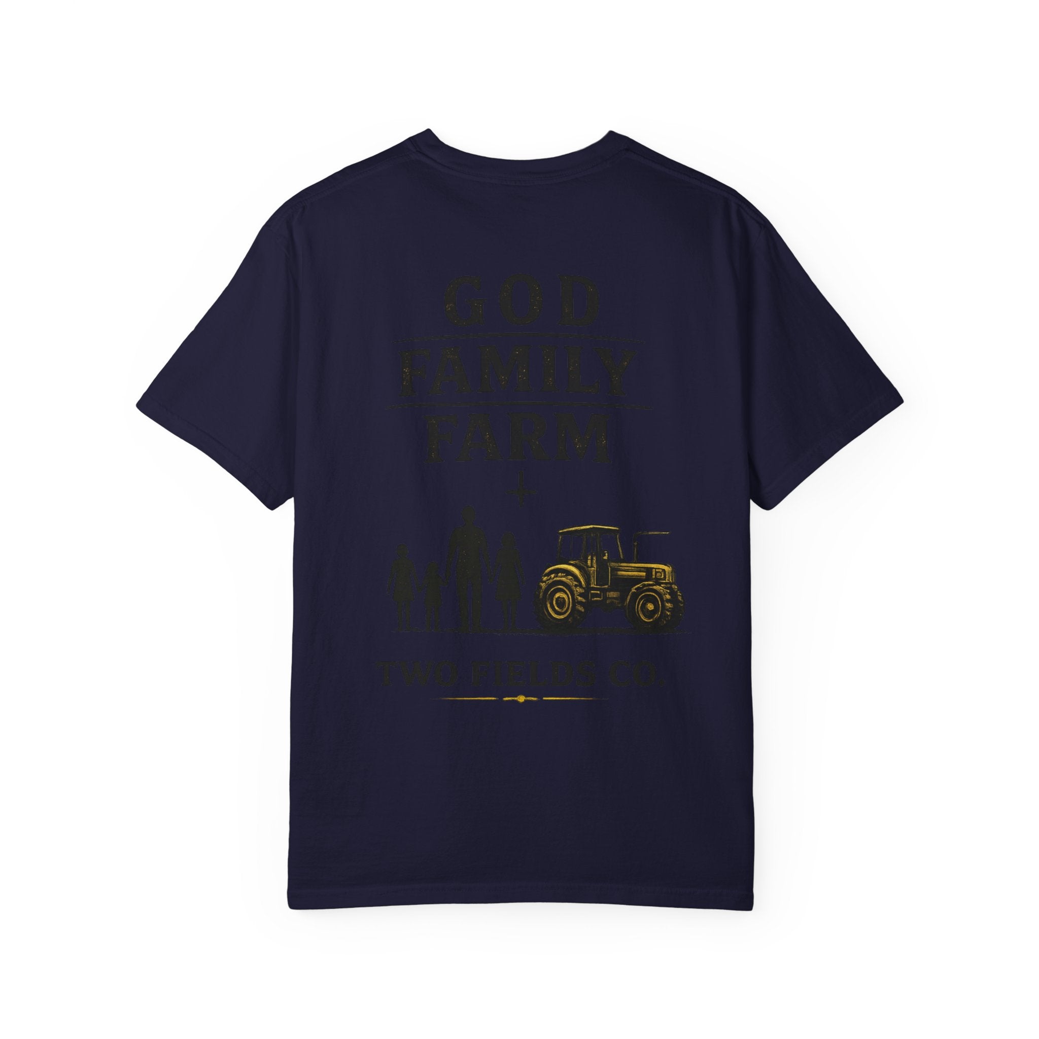 Navy T-shirt with “GOD FAMILY FARM” text and tractor family graphic on front
