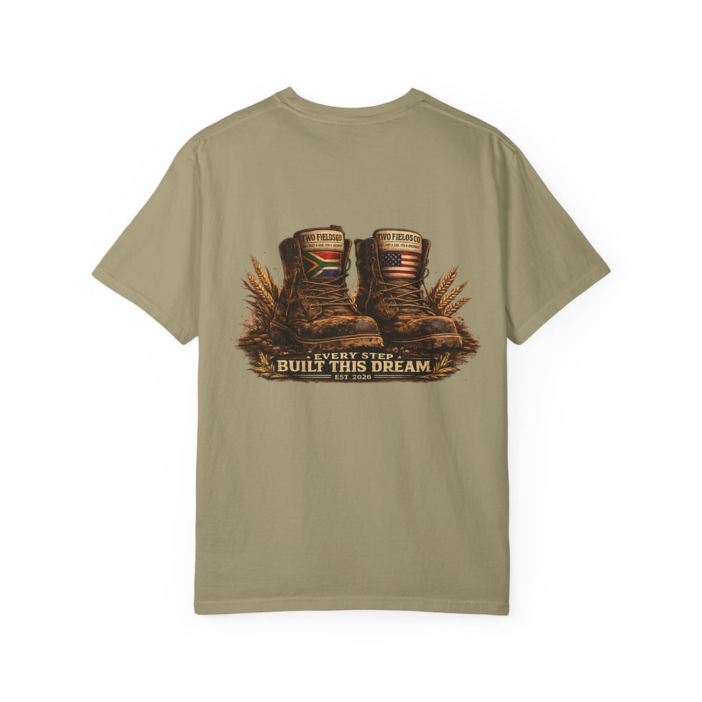 Olive crew-neck T-shirt with boots graphic and “Every Step Built This Dream” text